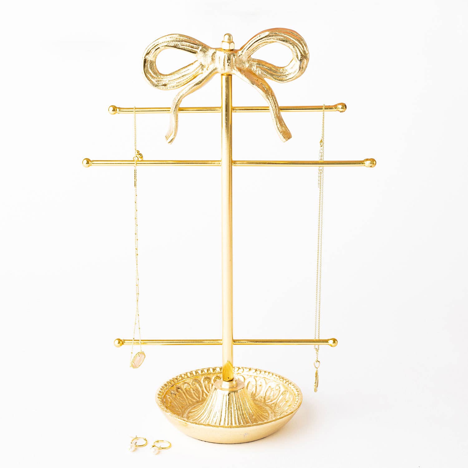 Gold Bow Jewelry Stand with Ring Dish