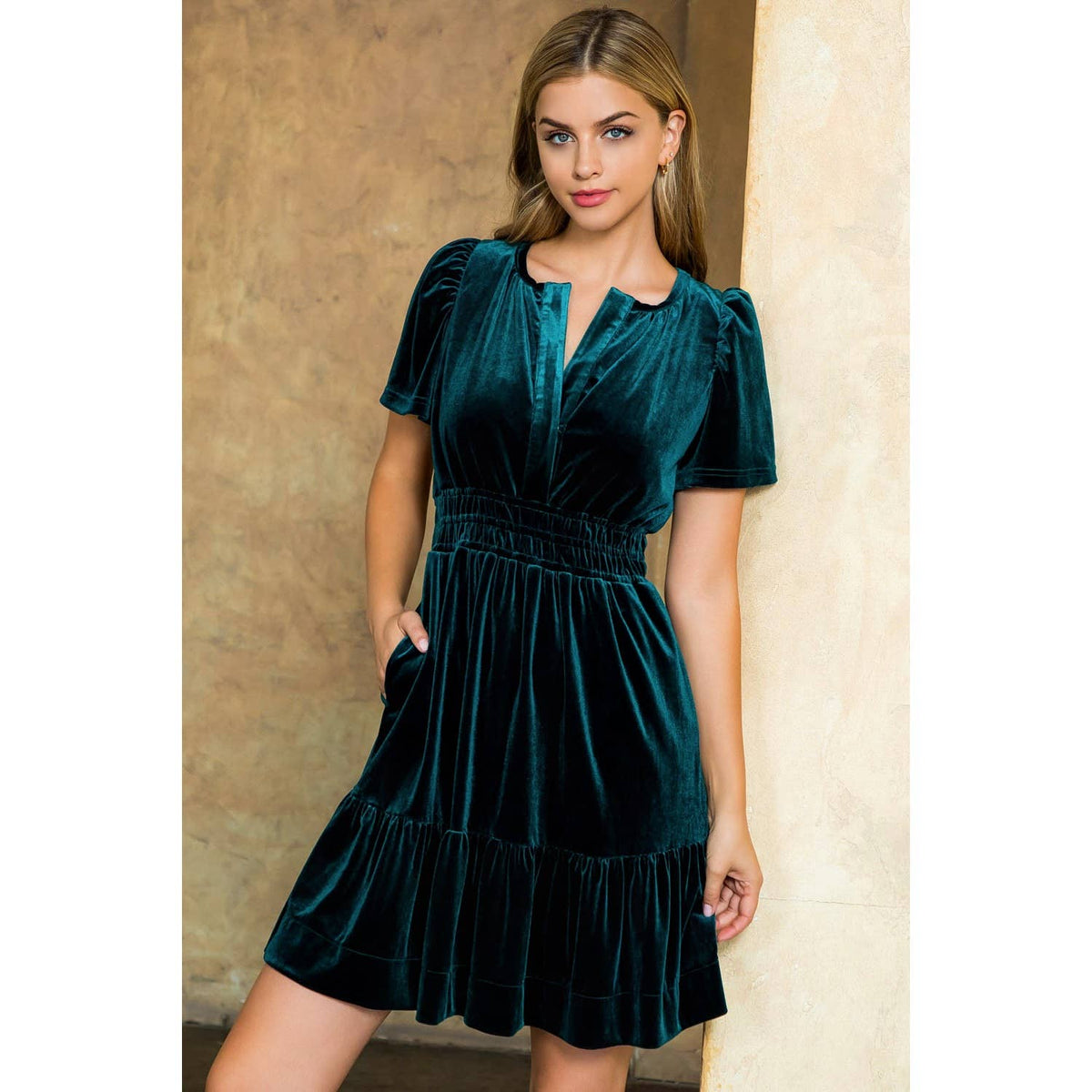 Smocked Waist Velvet Dress