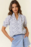 White & Black Jacquard Dot Print Short Sleeve Blouse