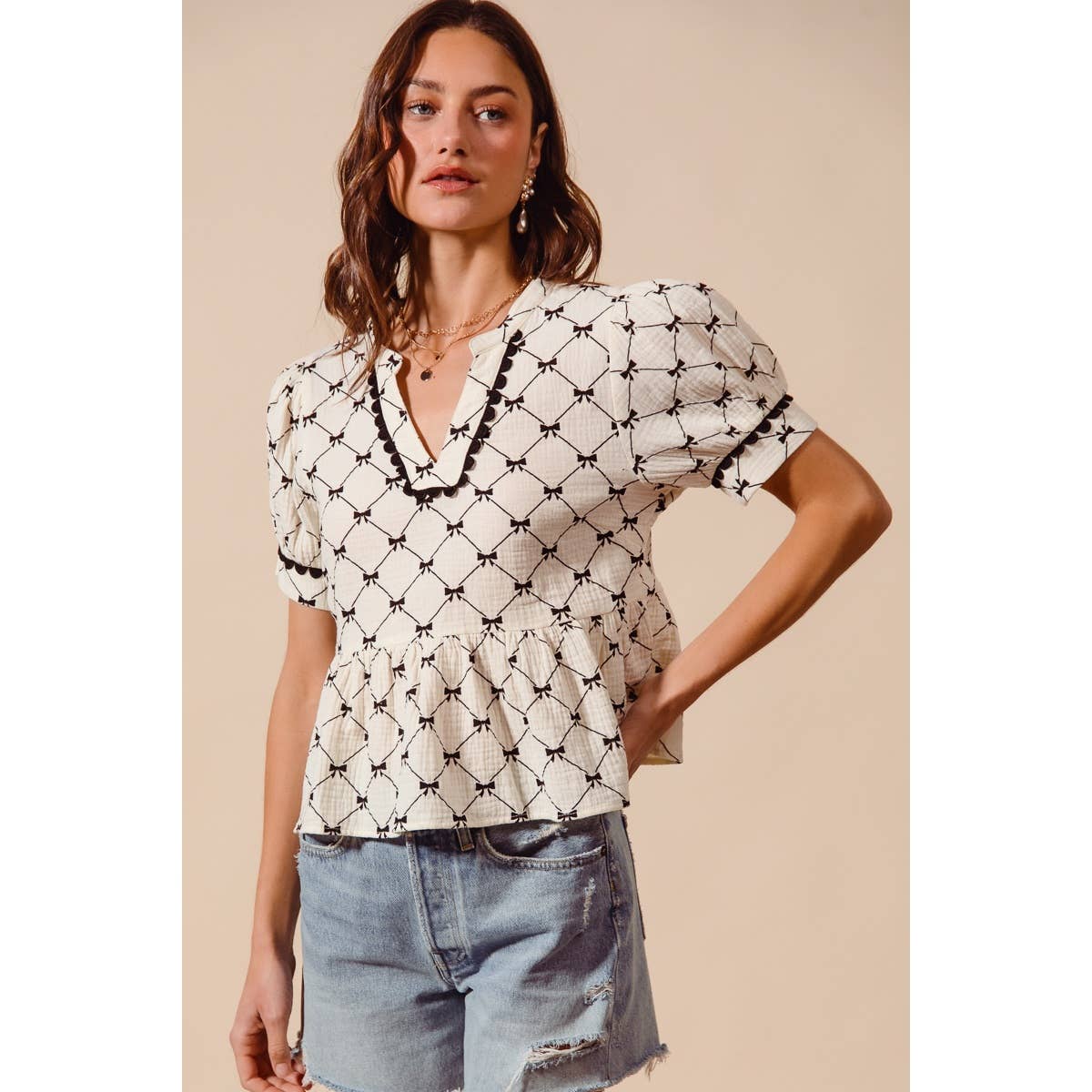 Bow Ribbon Printed Gauze Peplum Top