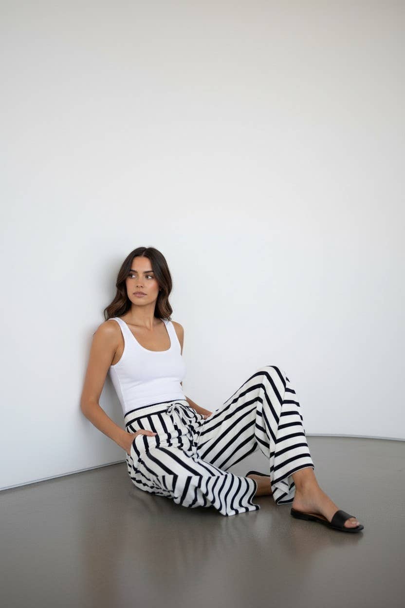 Mixed-stripe Terry Wide-leg Pants