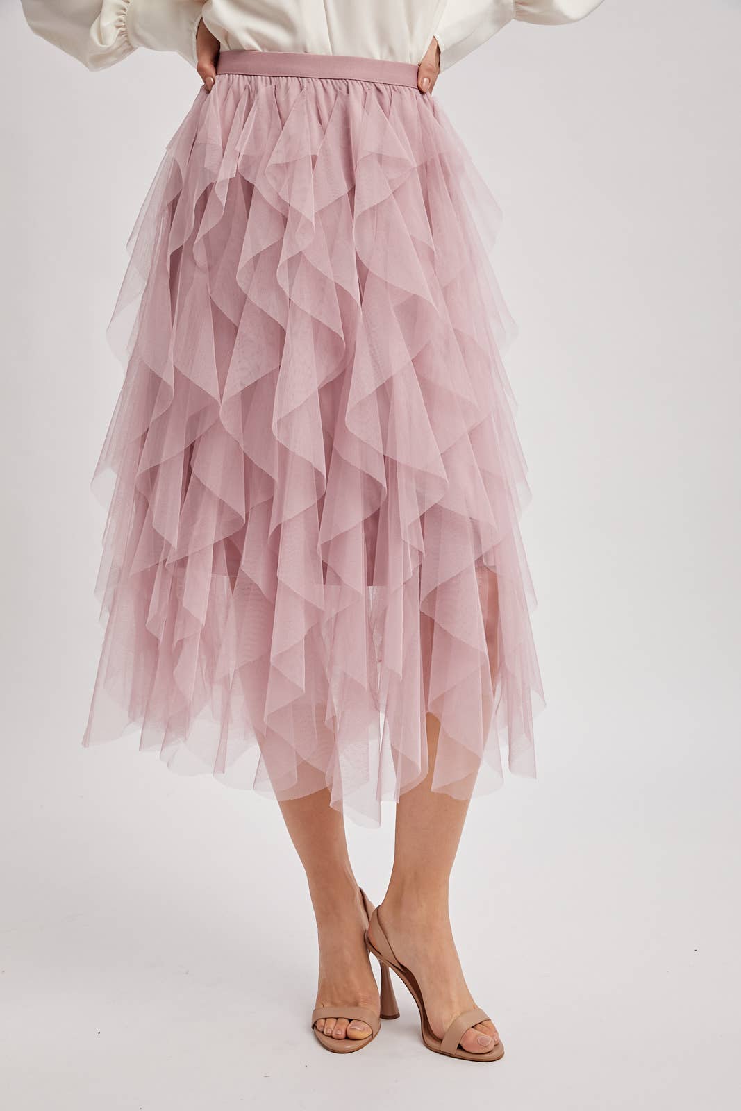 Spiral Ruffled Tulle Midi Skirt