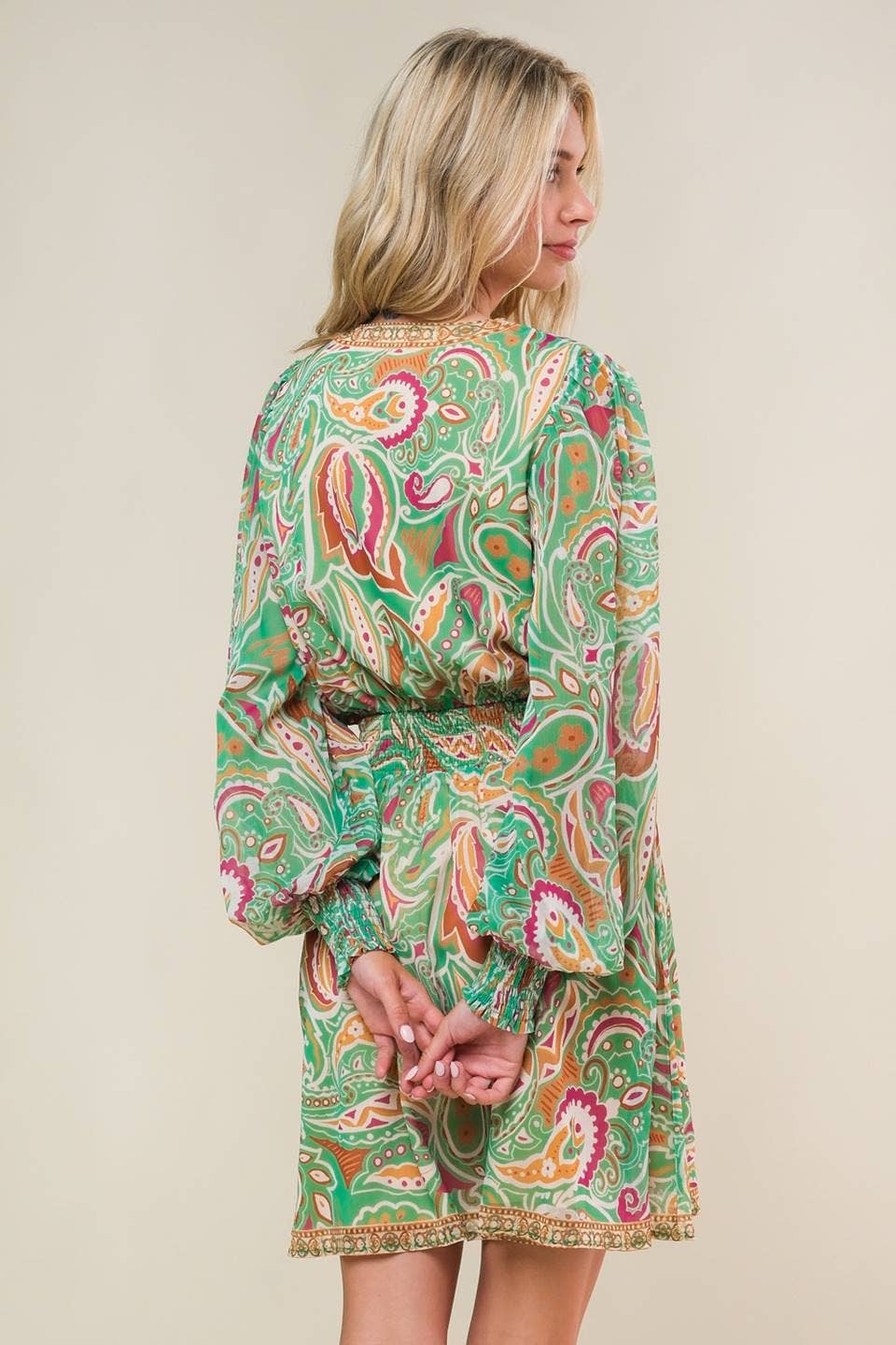 Long Sleeve Paisley Green Mini Dress