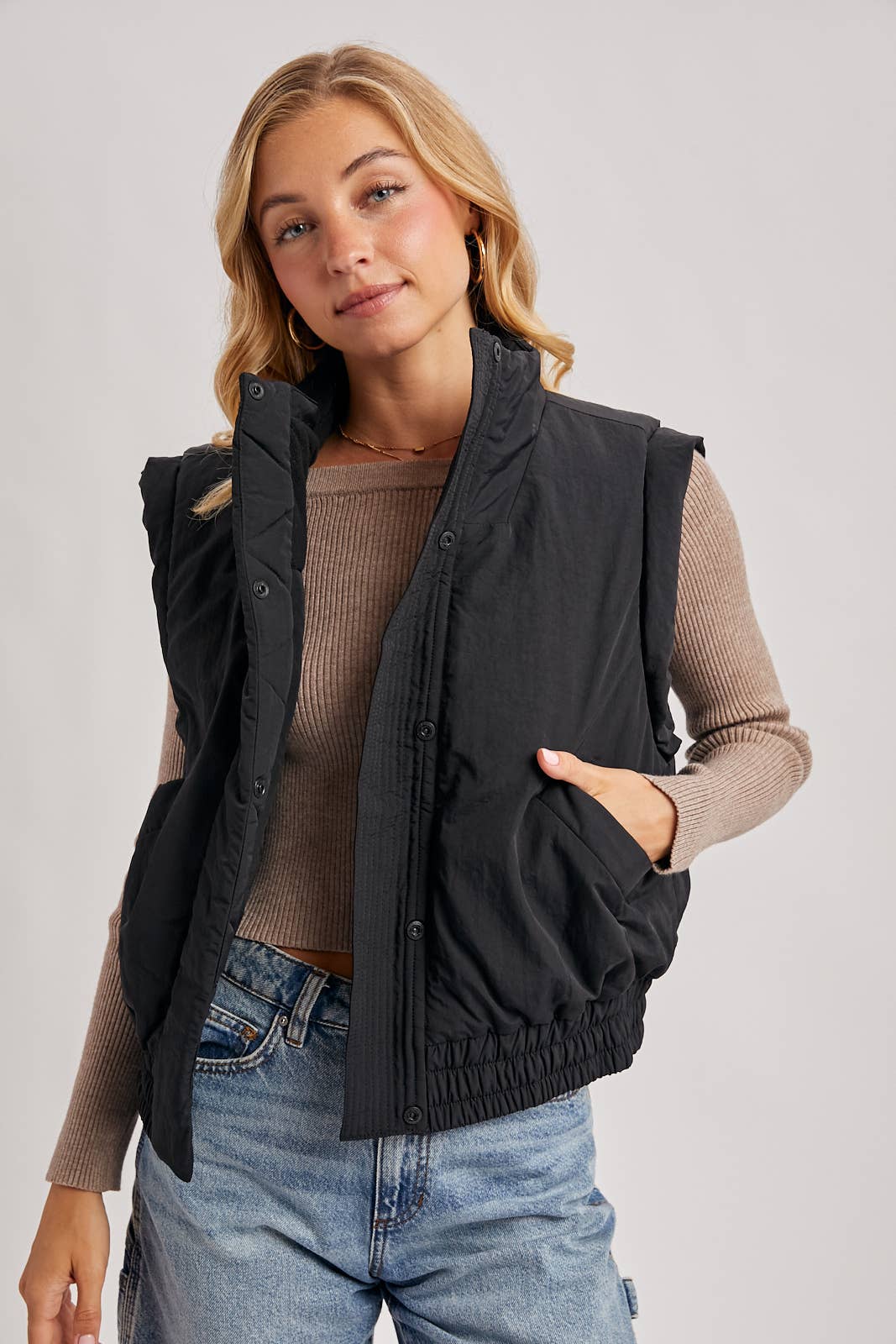 Bomber Style Puffer Vest with Pockets