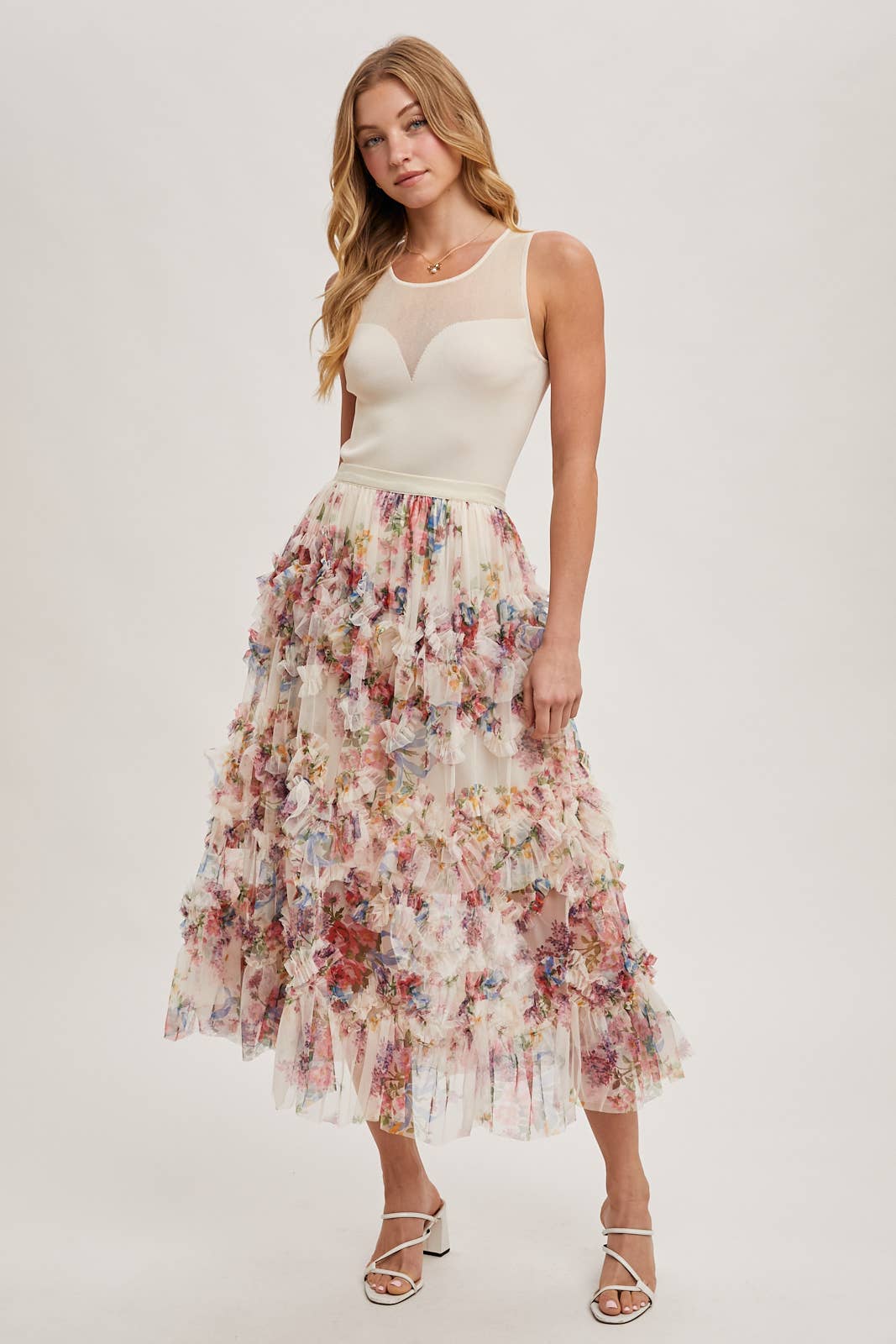 Floral Ruffled Mesh Midi Skirt with Lining