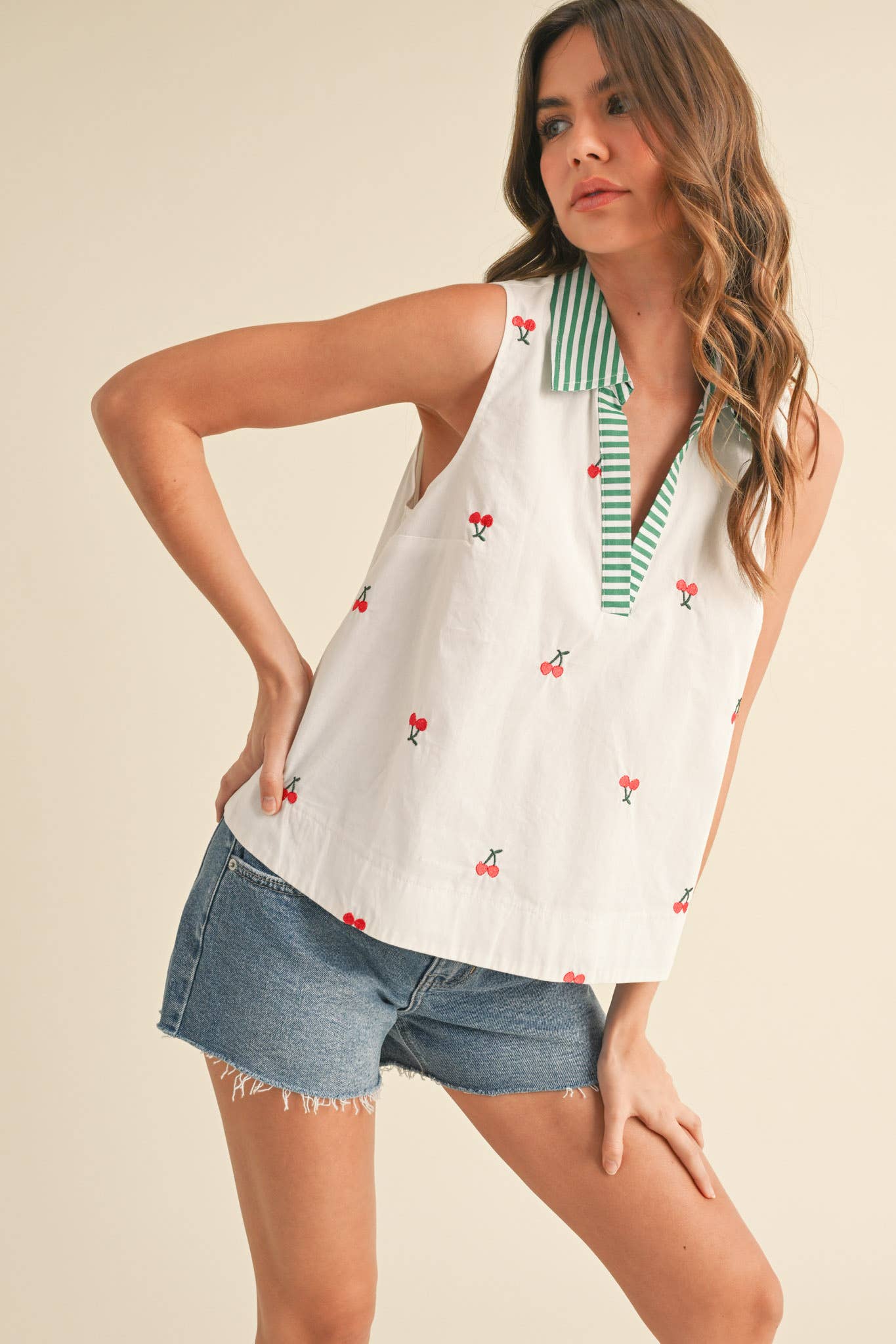 Cherry Embroidery Collared Tank