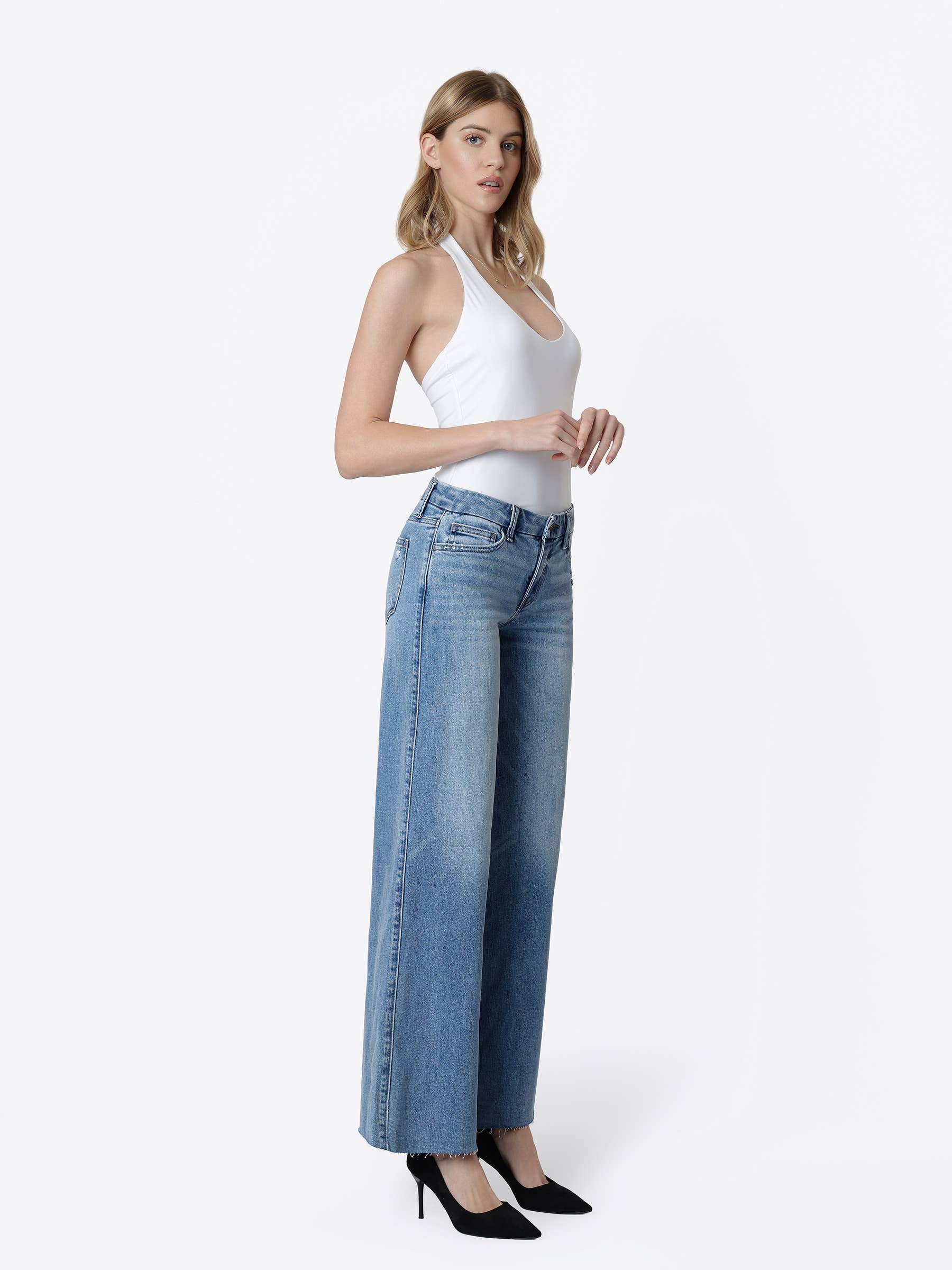 Mid Rise Clean Cut Raw Hem Wide Jeans