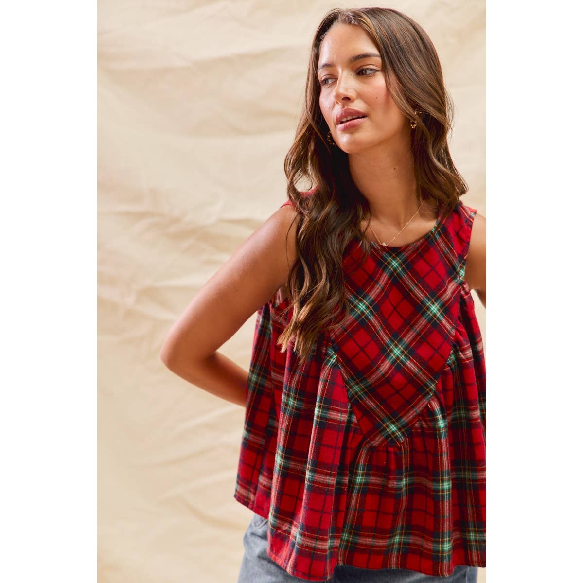Christmas Checkered Plaid Sleeveless Holiday Top