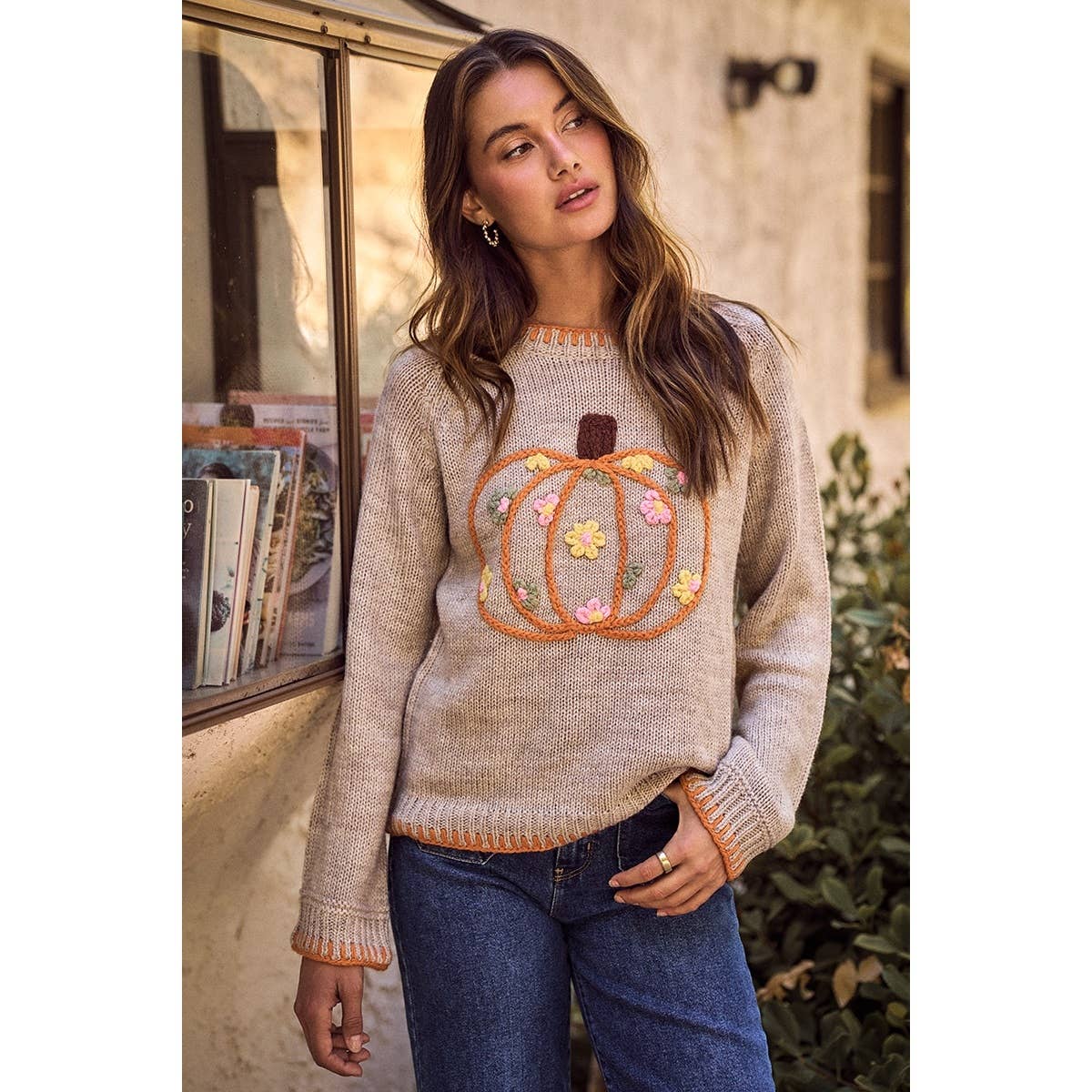 Pumpkin Floral Embroidered Sweater
