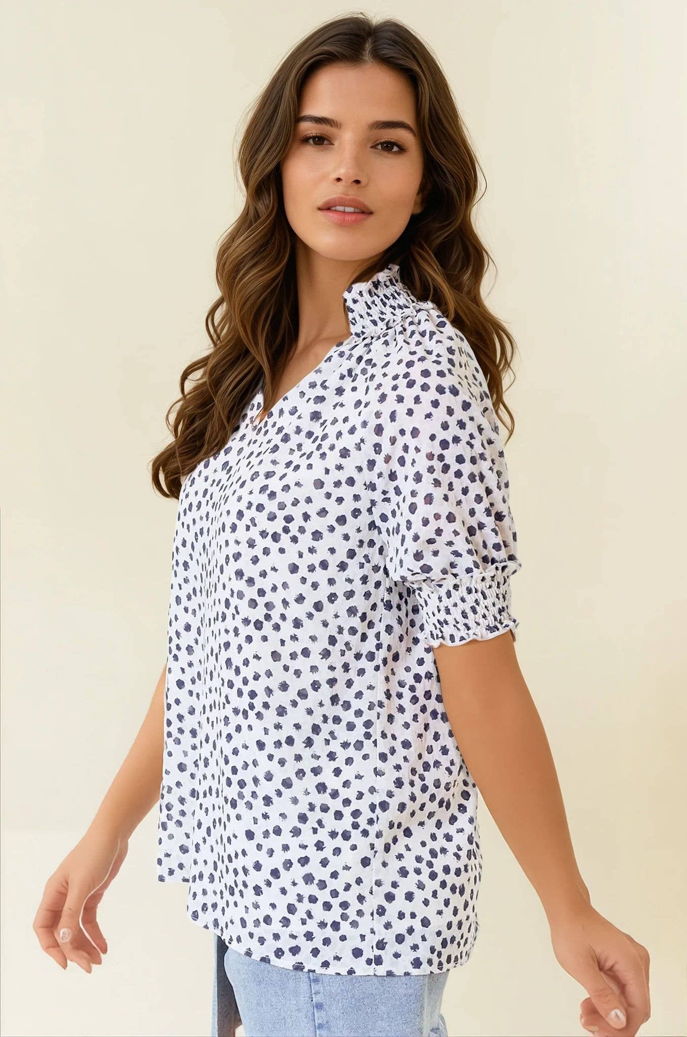 White & Black Jacquard Dot Print Short Sleeve Blouse