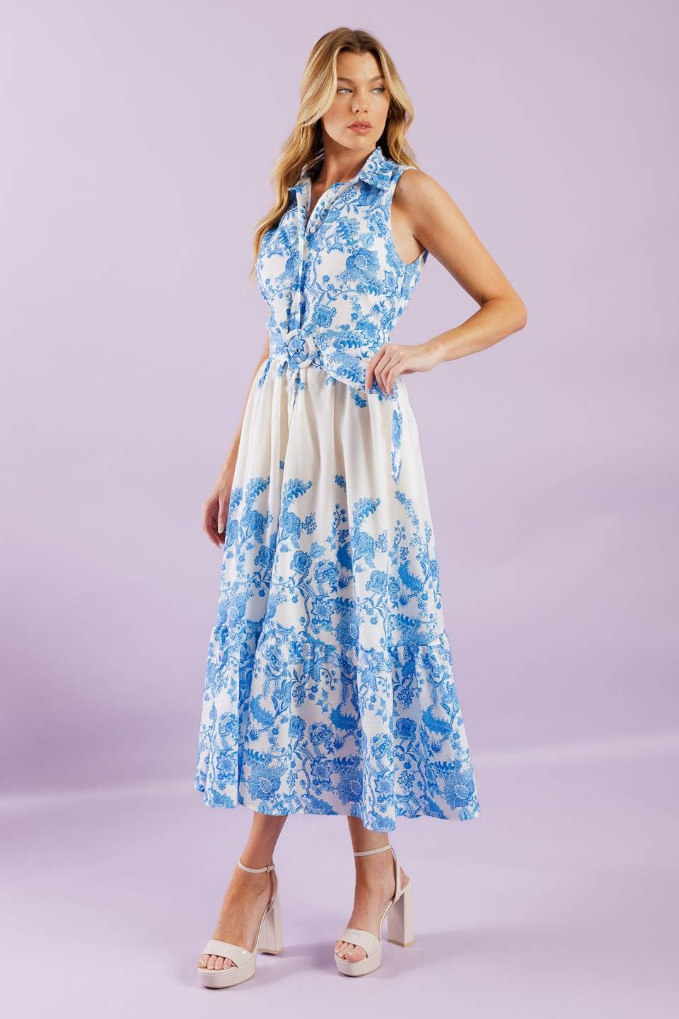 Blue and White Floral Belted Midi Dress