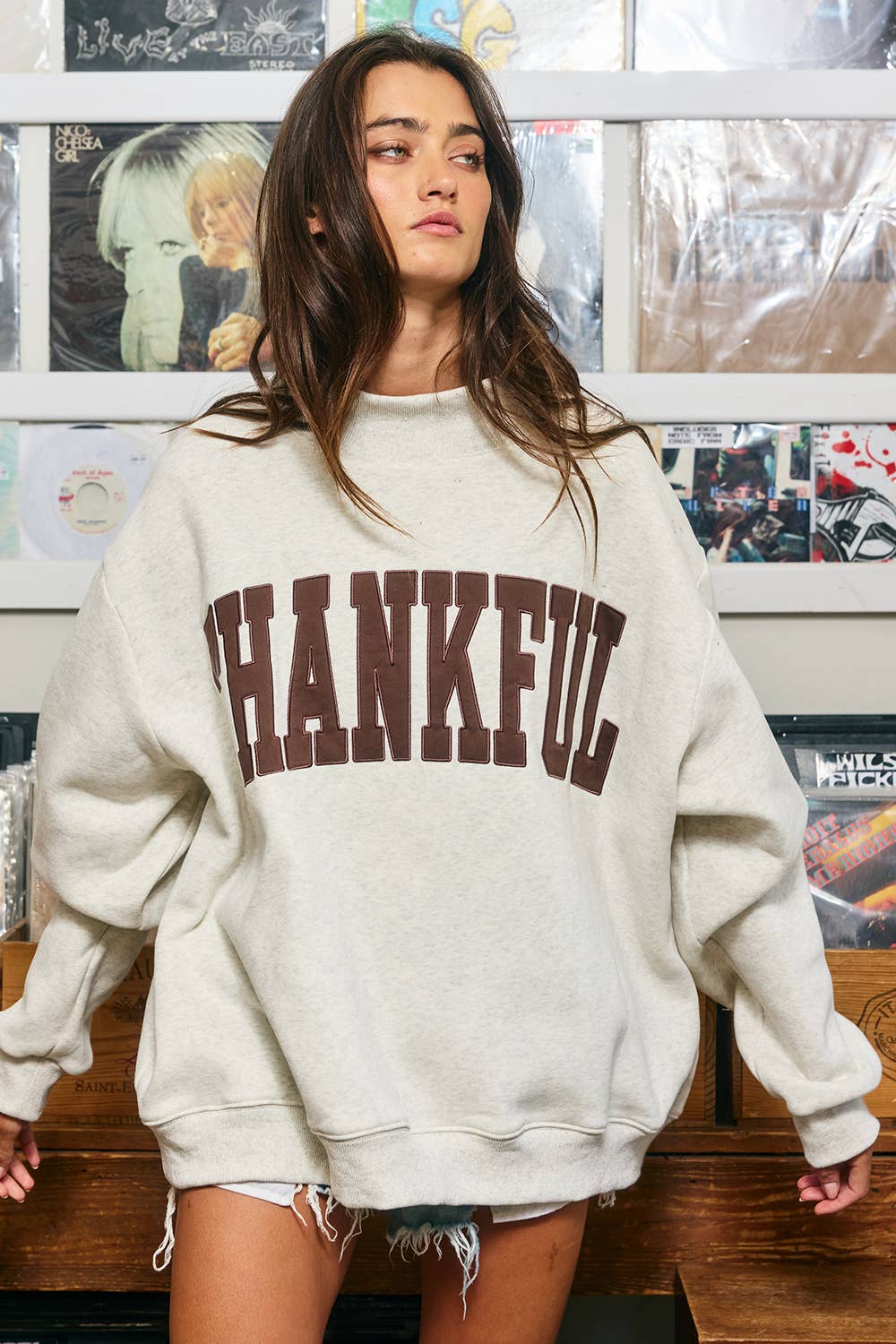 THANKFUL Applique Embroidery Mock Neck Sweatshirt