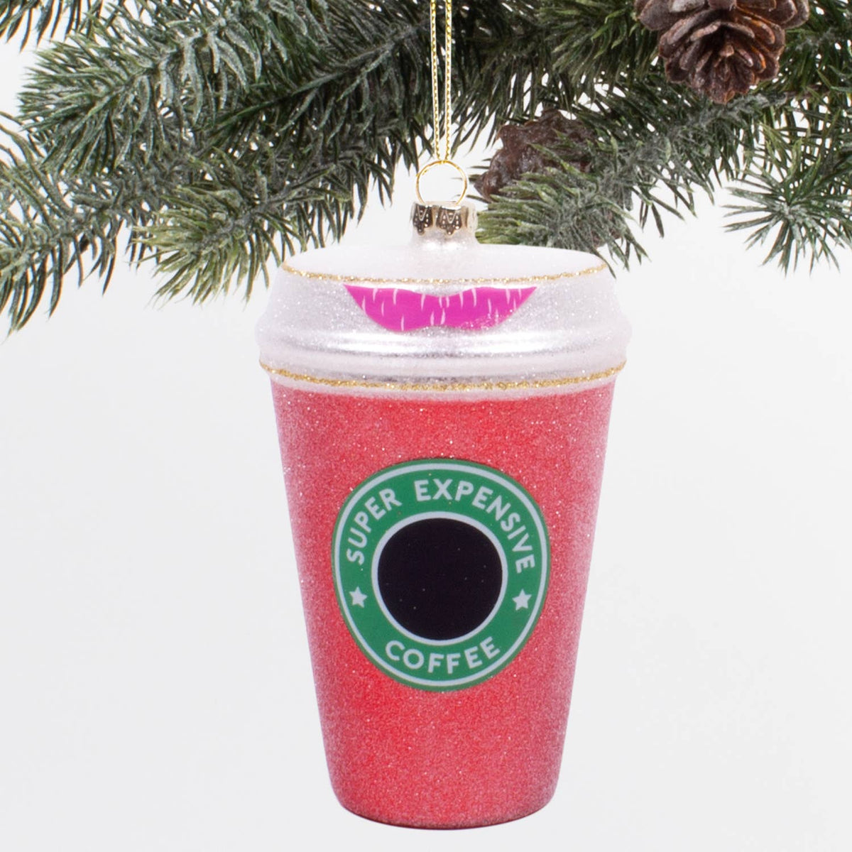 Red Glitter Coffee Cup Glass Christmas Ornament