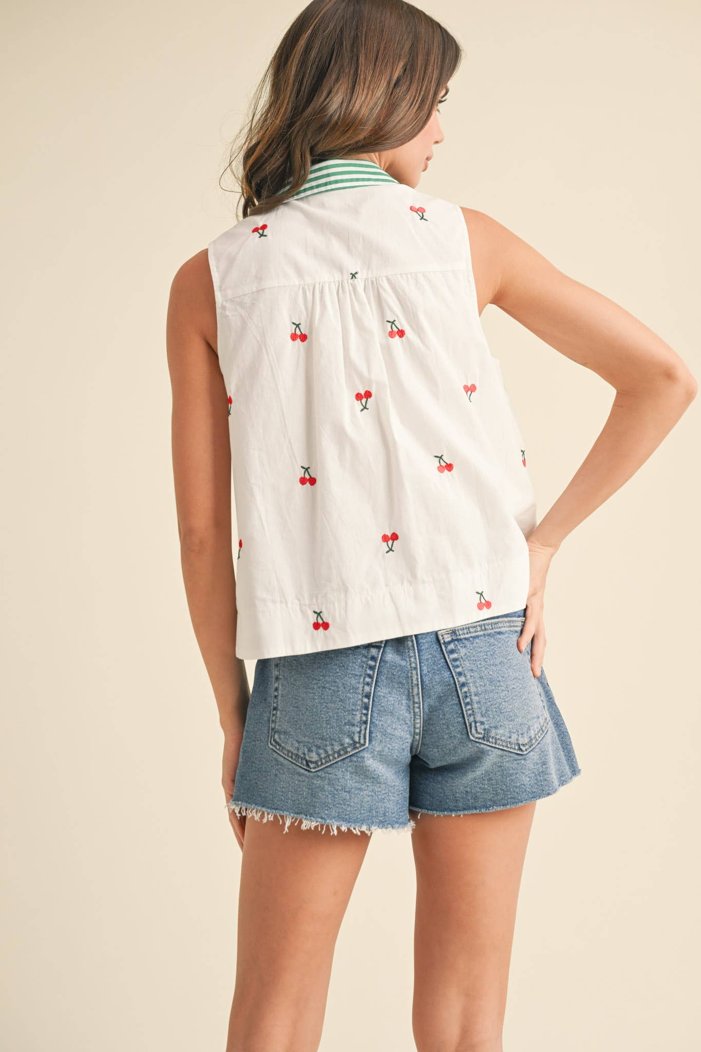 Cherry Embroidery Collared Tank