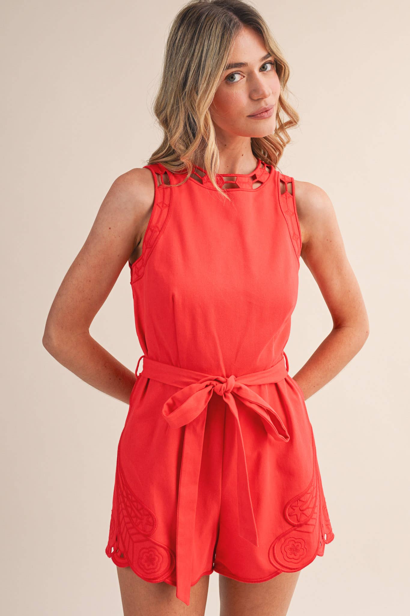 Sleeveless Embroidered Romper with Cut-Outs