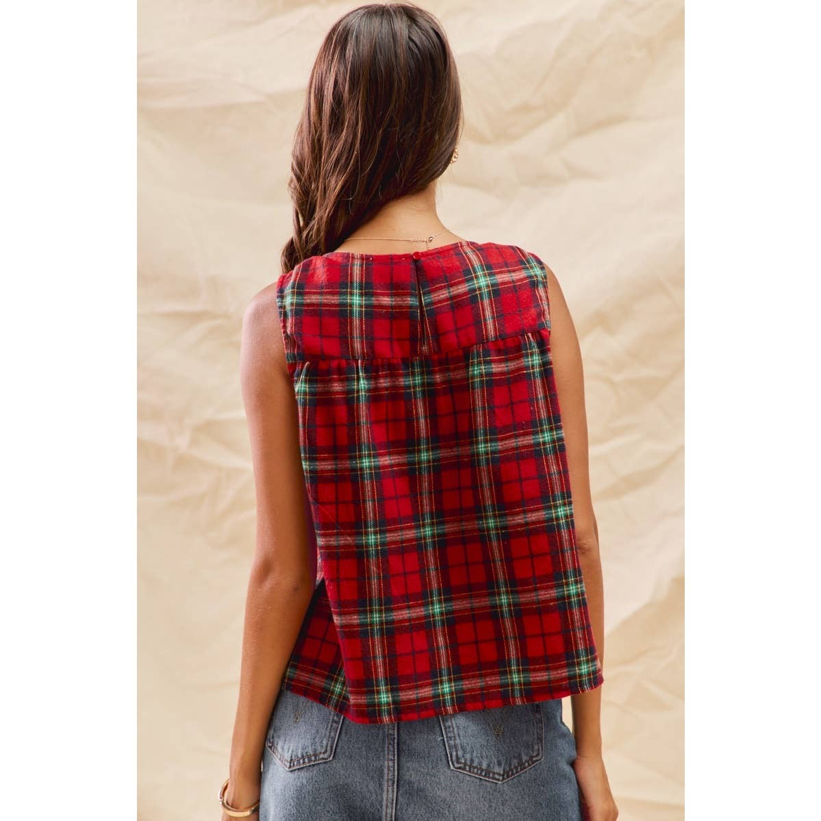 Christmas Checkered Plaid Sleeveless Holiday Top