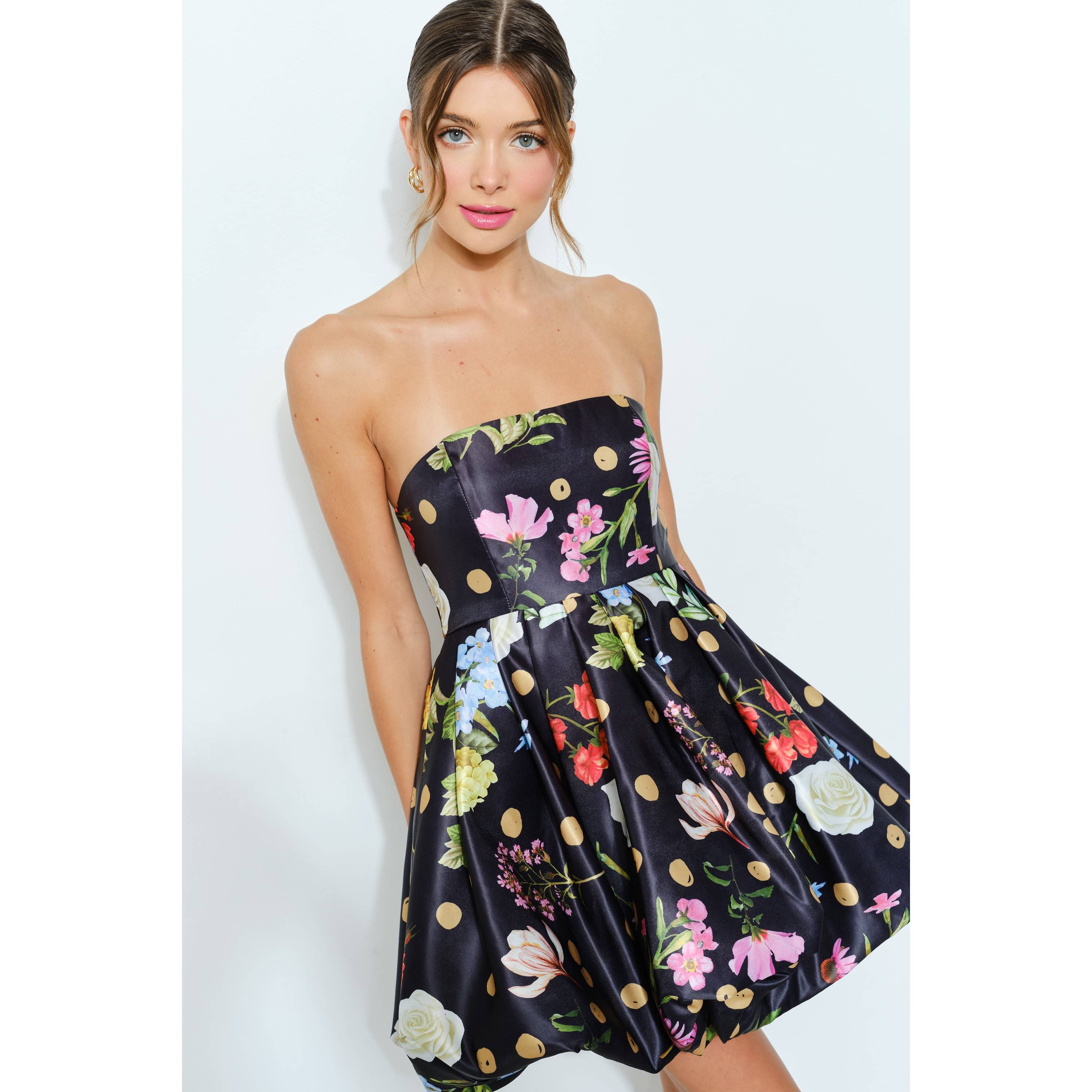 Bubble Hem Floral Dot Print Strapless Mini Dress