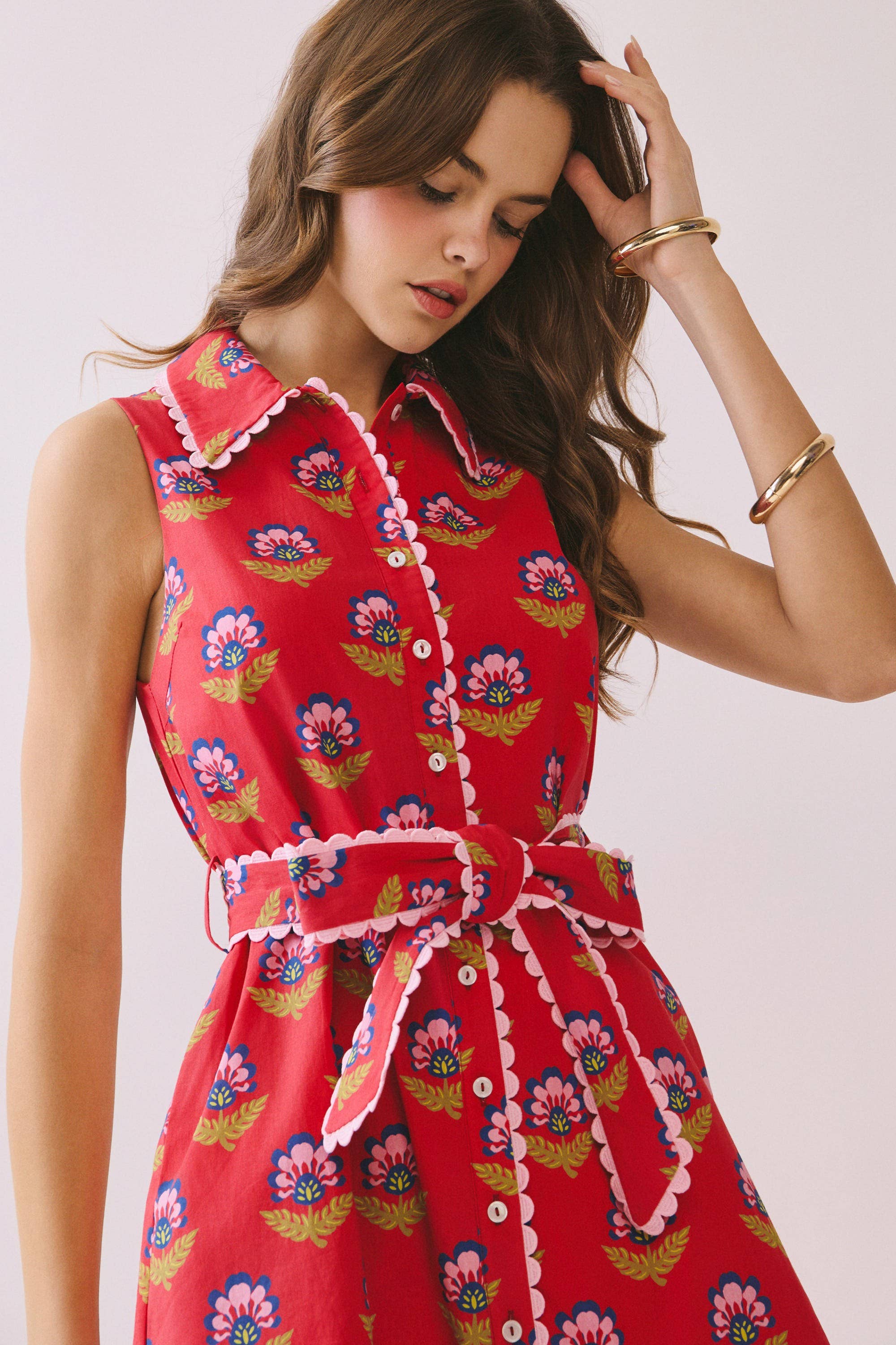 Floral Print Contrast Scalloped Trim Detail Dress
