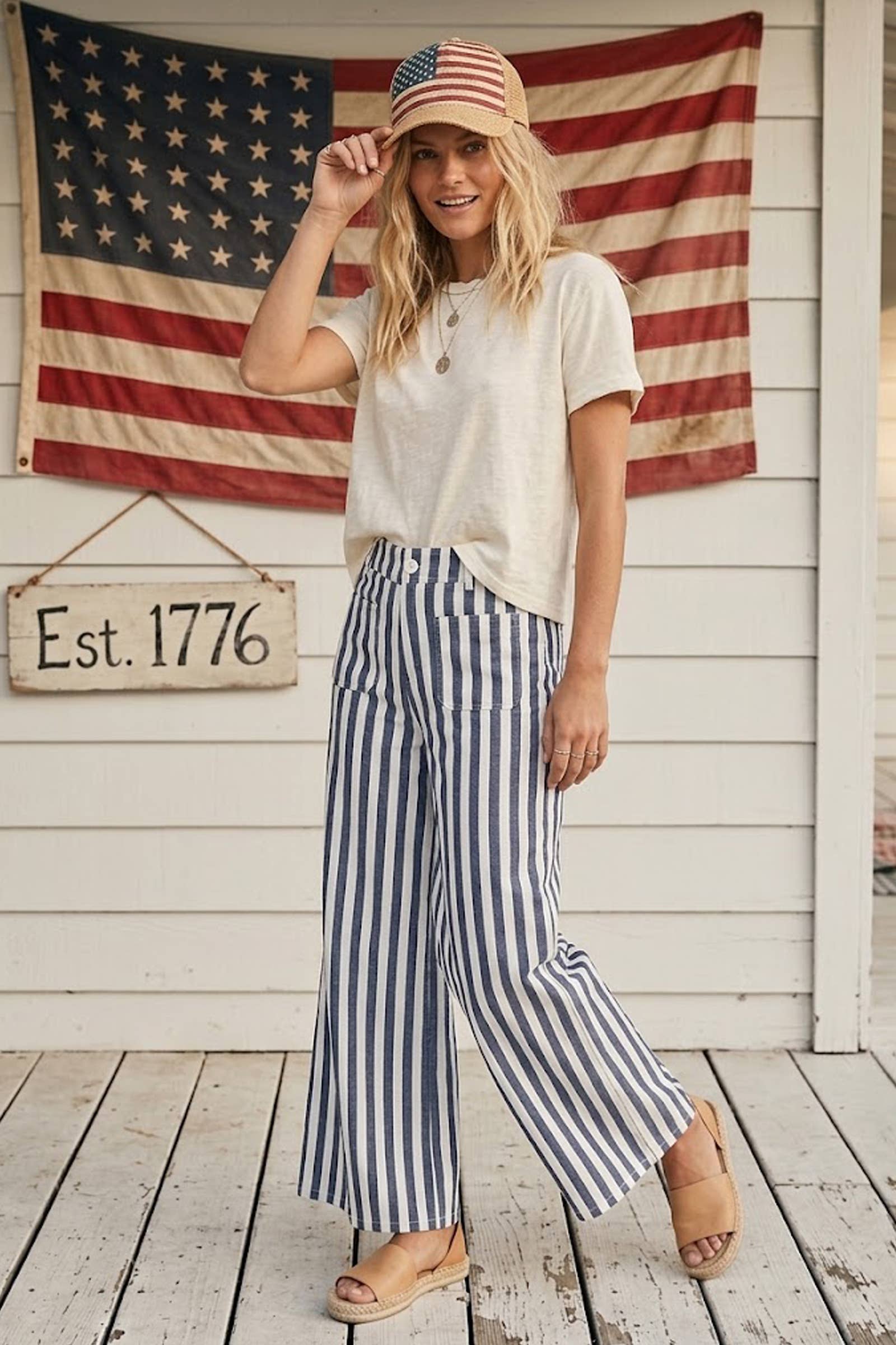 Striped Non Stretch Wide Leg Denim Pants