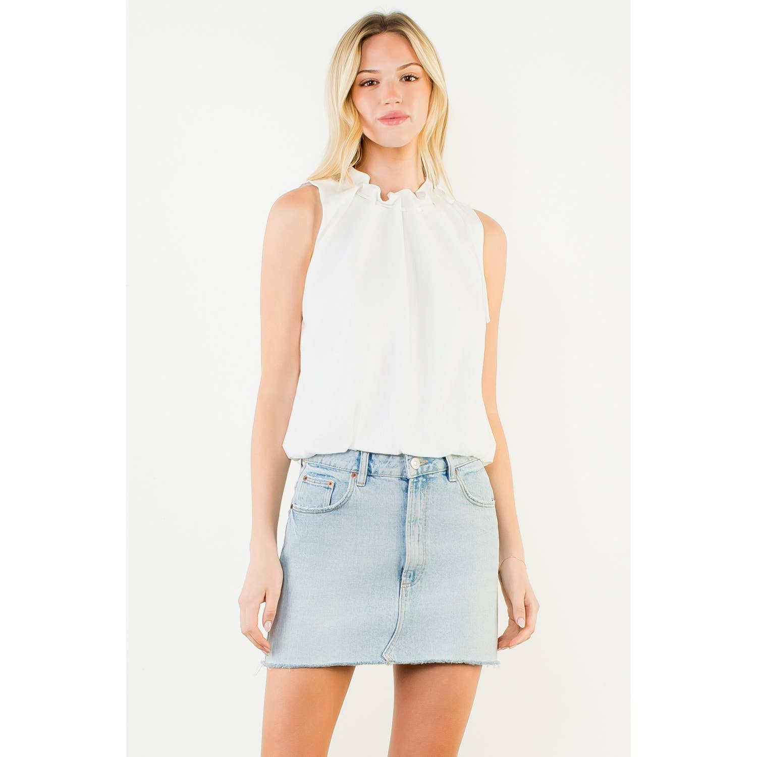 Sleeveless Tie Neck Ruffle Top