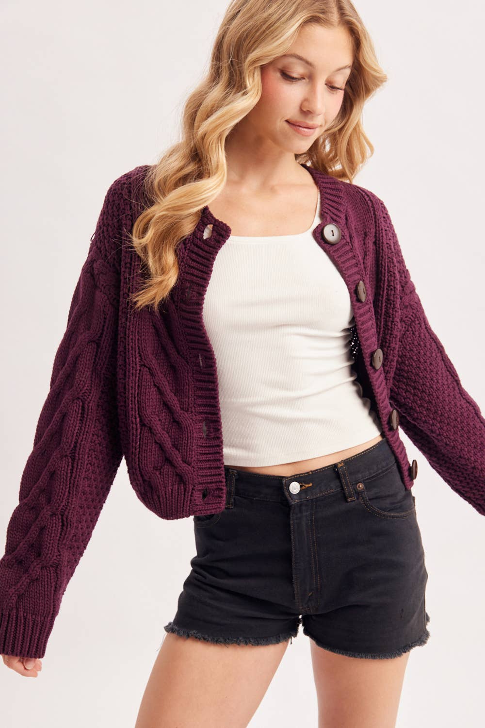 Cropped Button Front Cable Knit Cardigan