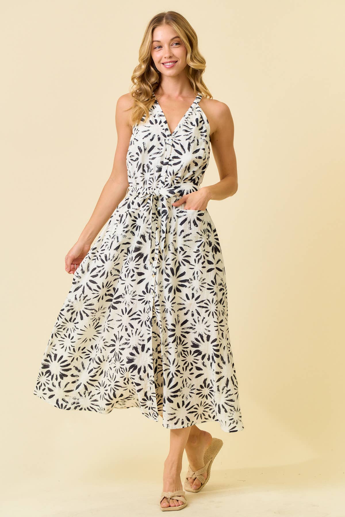 Abstract Floral Halter Tank Midi Dress