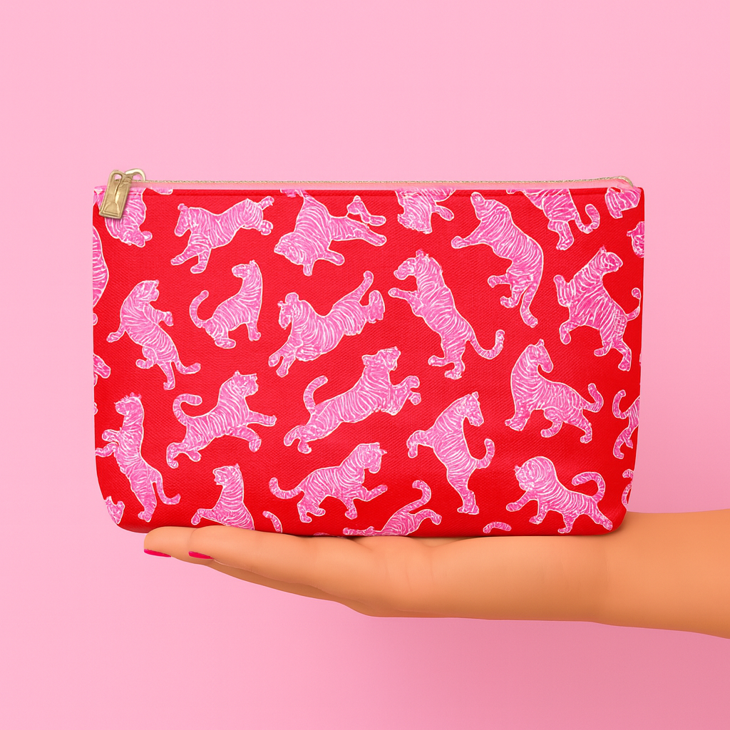 Cute preppy pouch + cosmetic bag | pink & red zebra