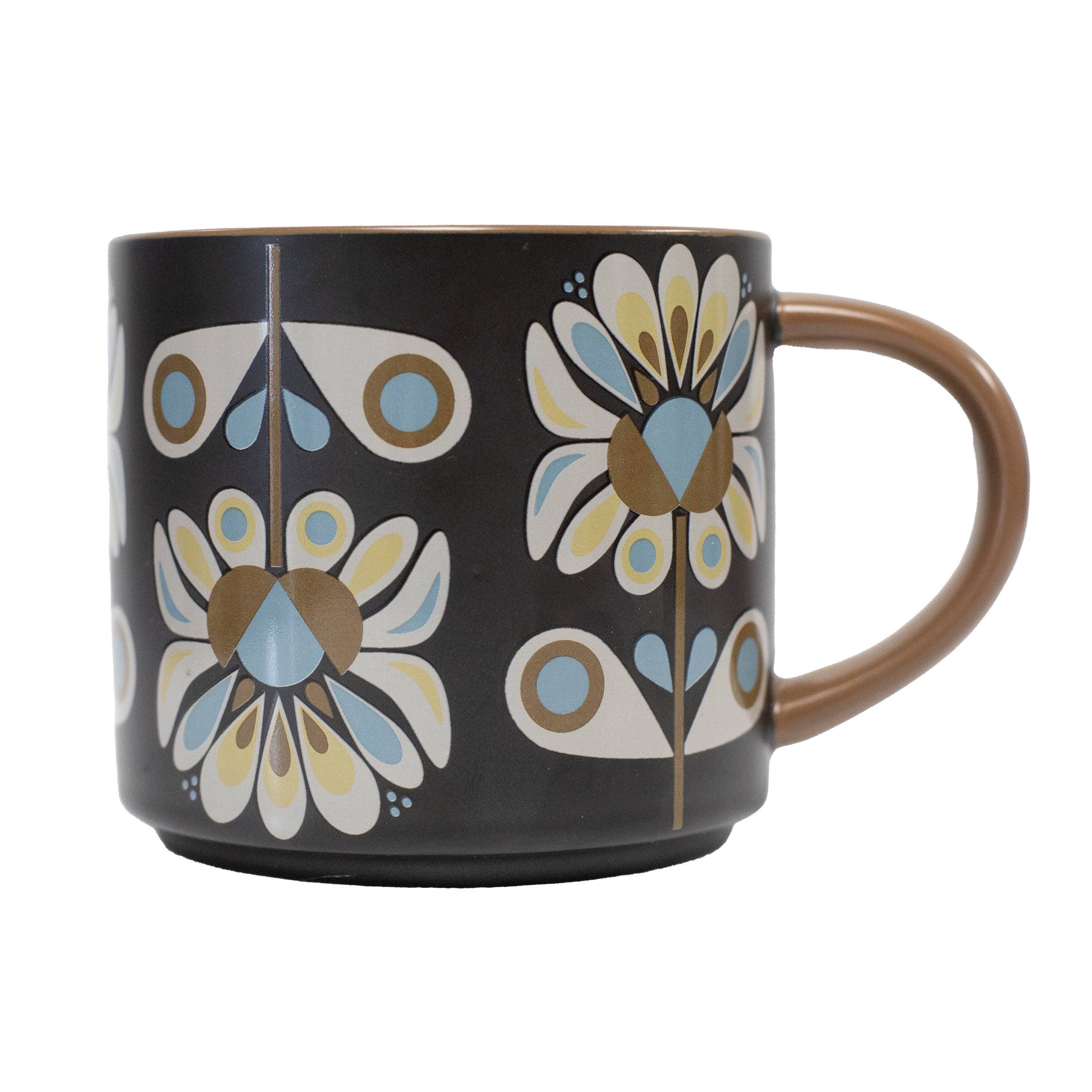 Black and Blue Petals Mid Century Stackable Matte Coffee Mug