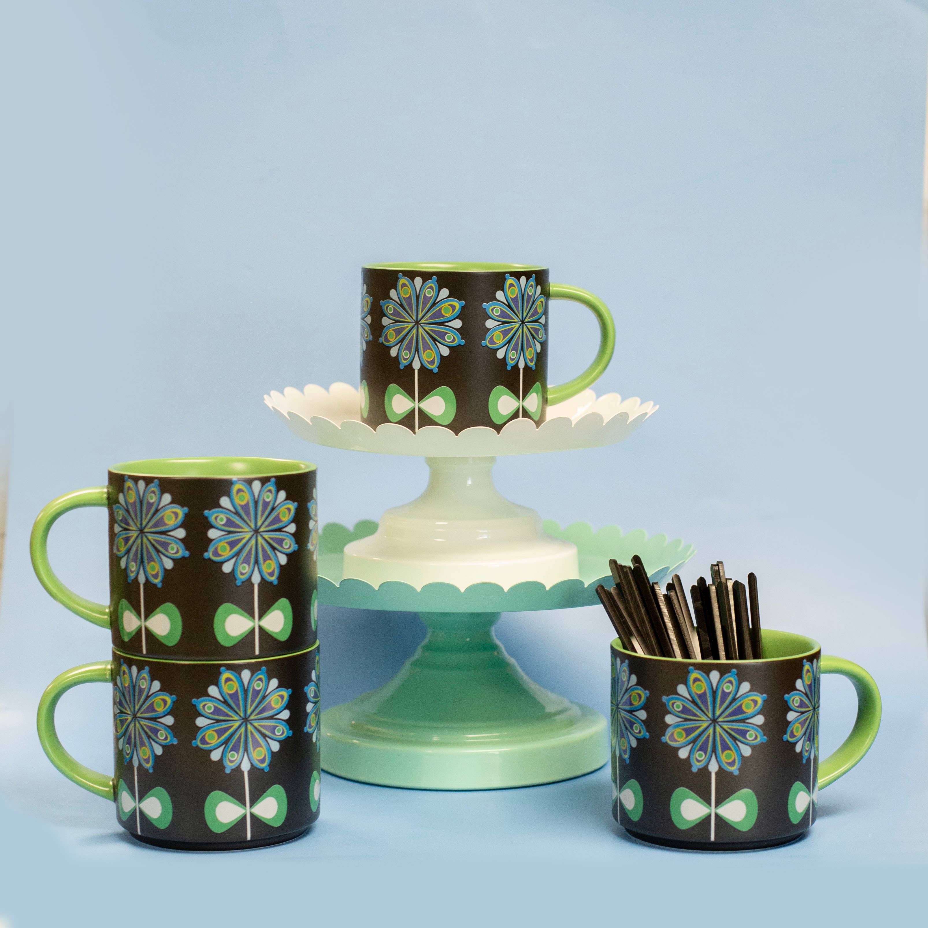 Casbah Blue Flower Mid Century Stackable Matte Coffee Mug