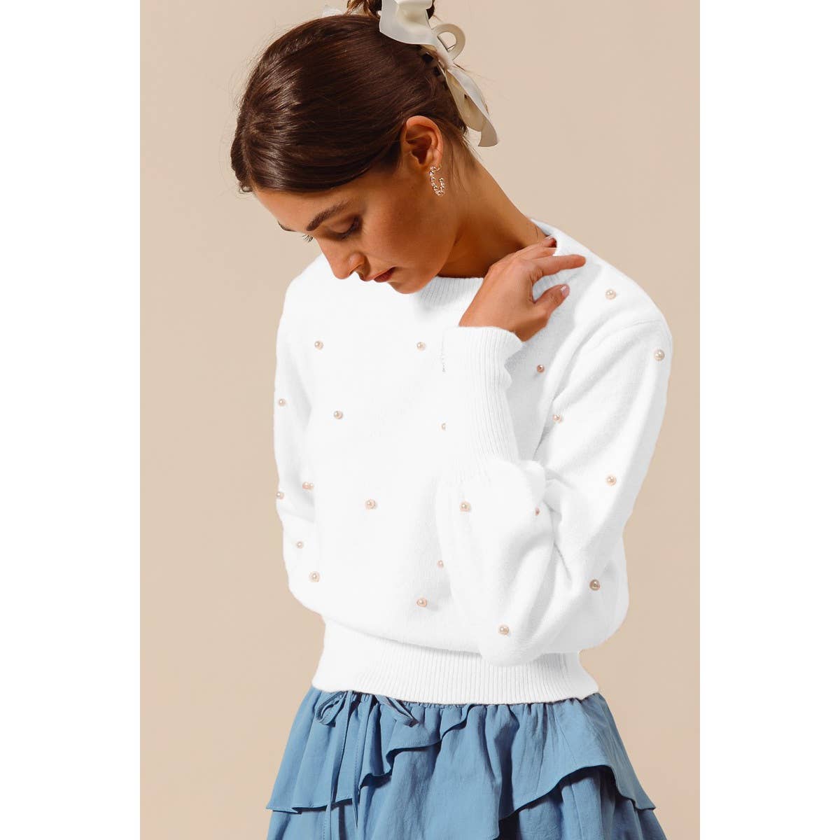 Pearl Embellished Round Neck Knit Sweater
