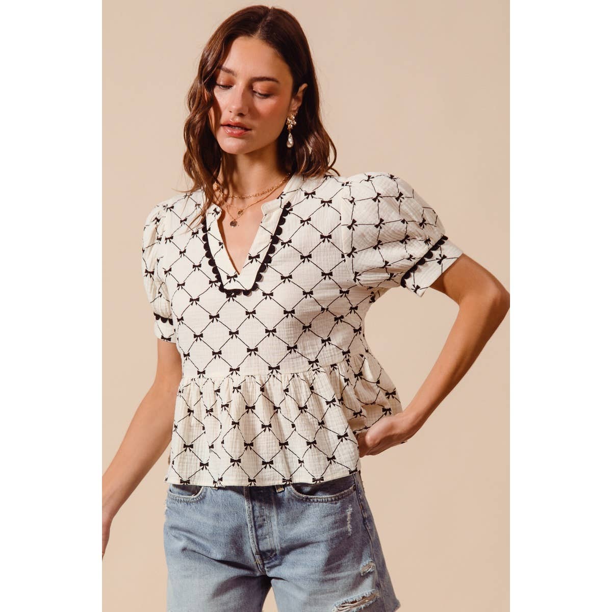 Bow Ribbon Printed Gauze Peplum Top