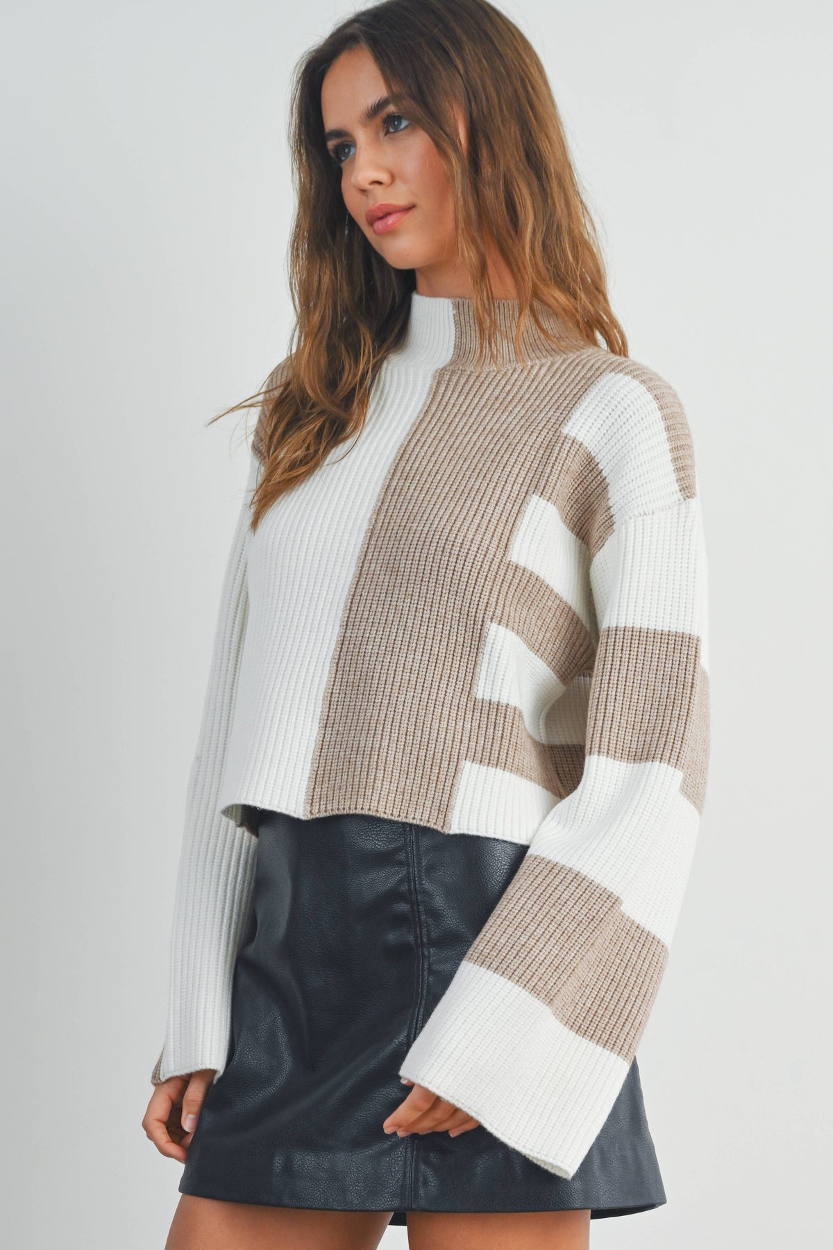 Color Block Mock Turtleneck Sweater