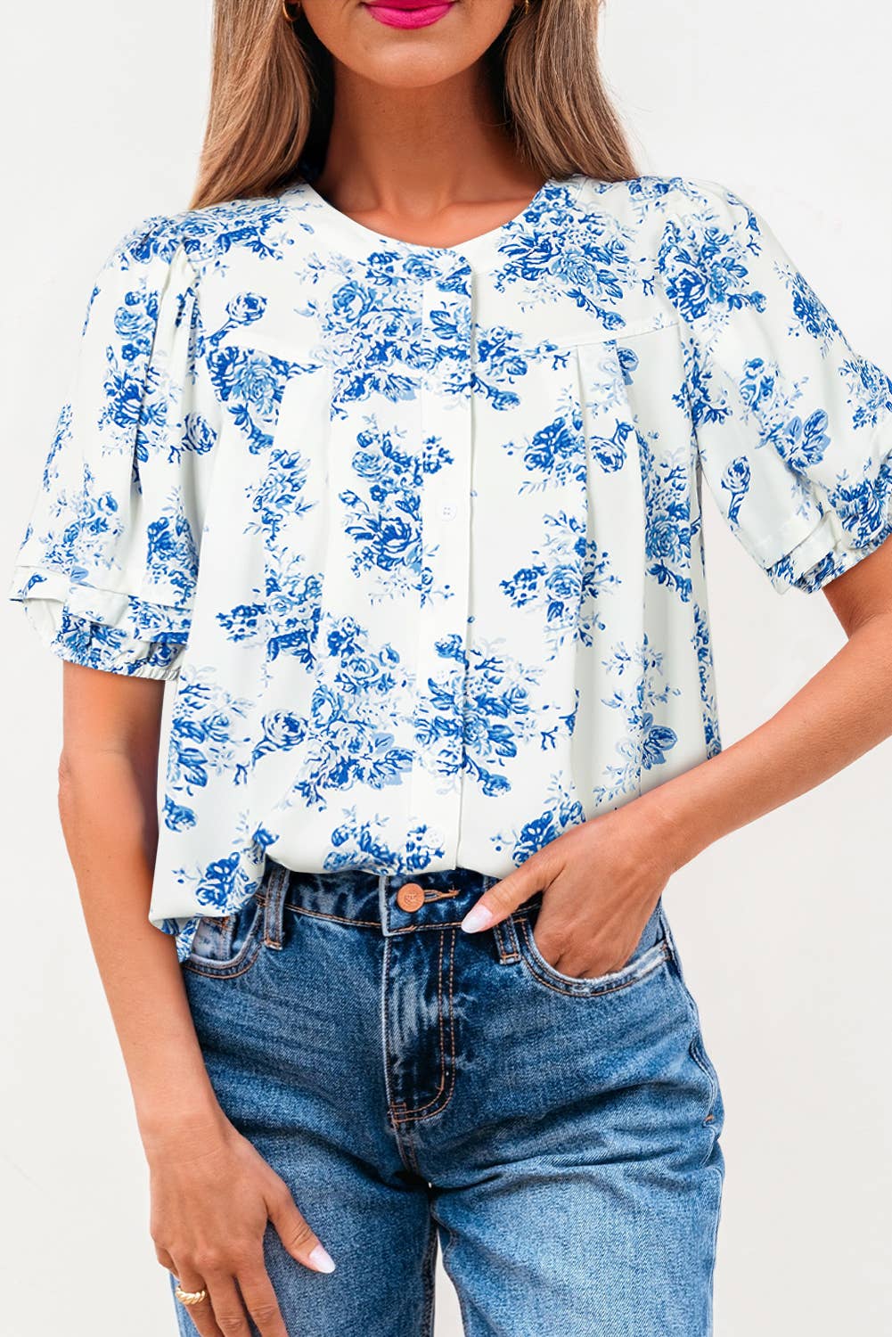 Floral Pleated Puff Sleeve Button Up Shirt | S-XL