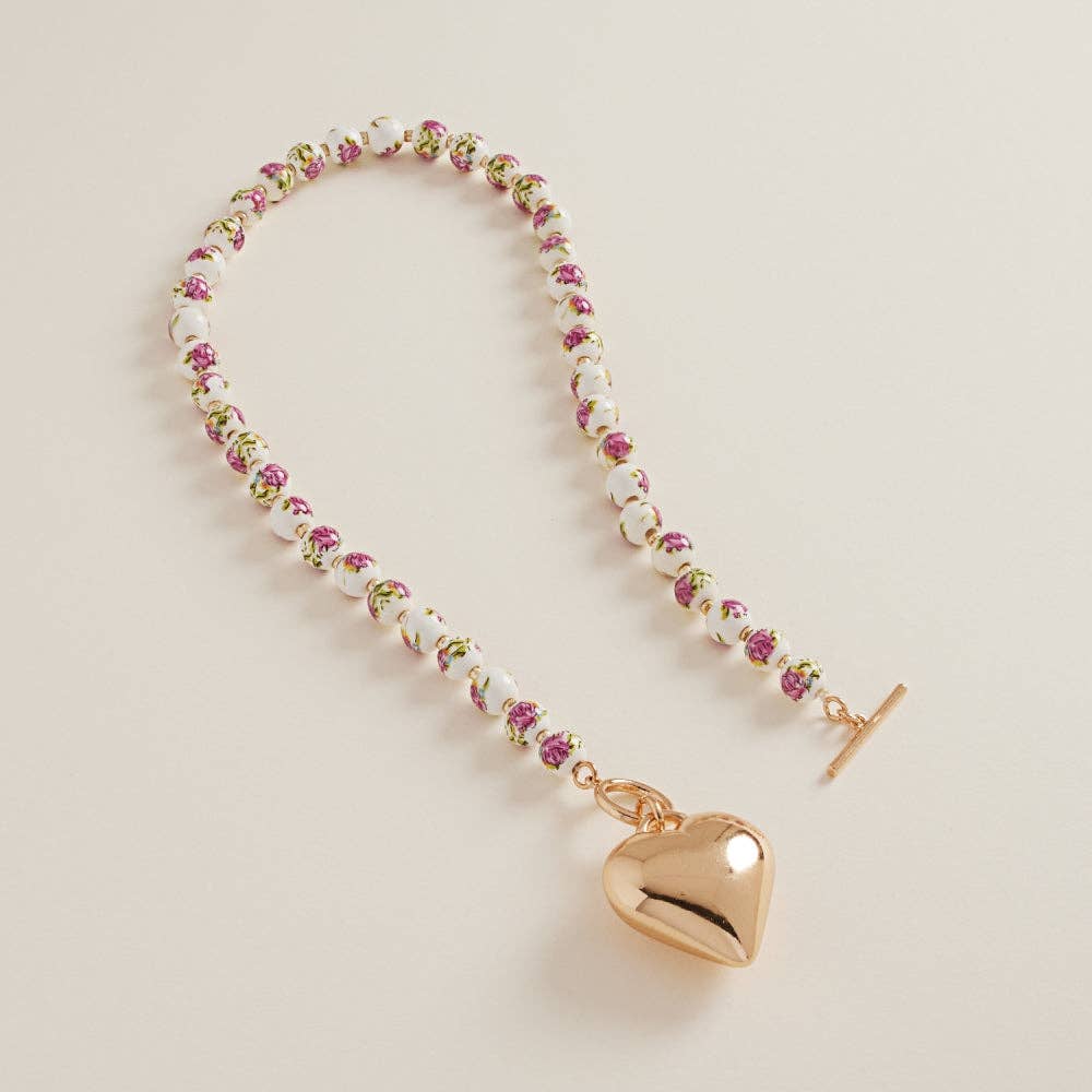 Puffy Heart Ceramic Bead Front Toggle Necklace
