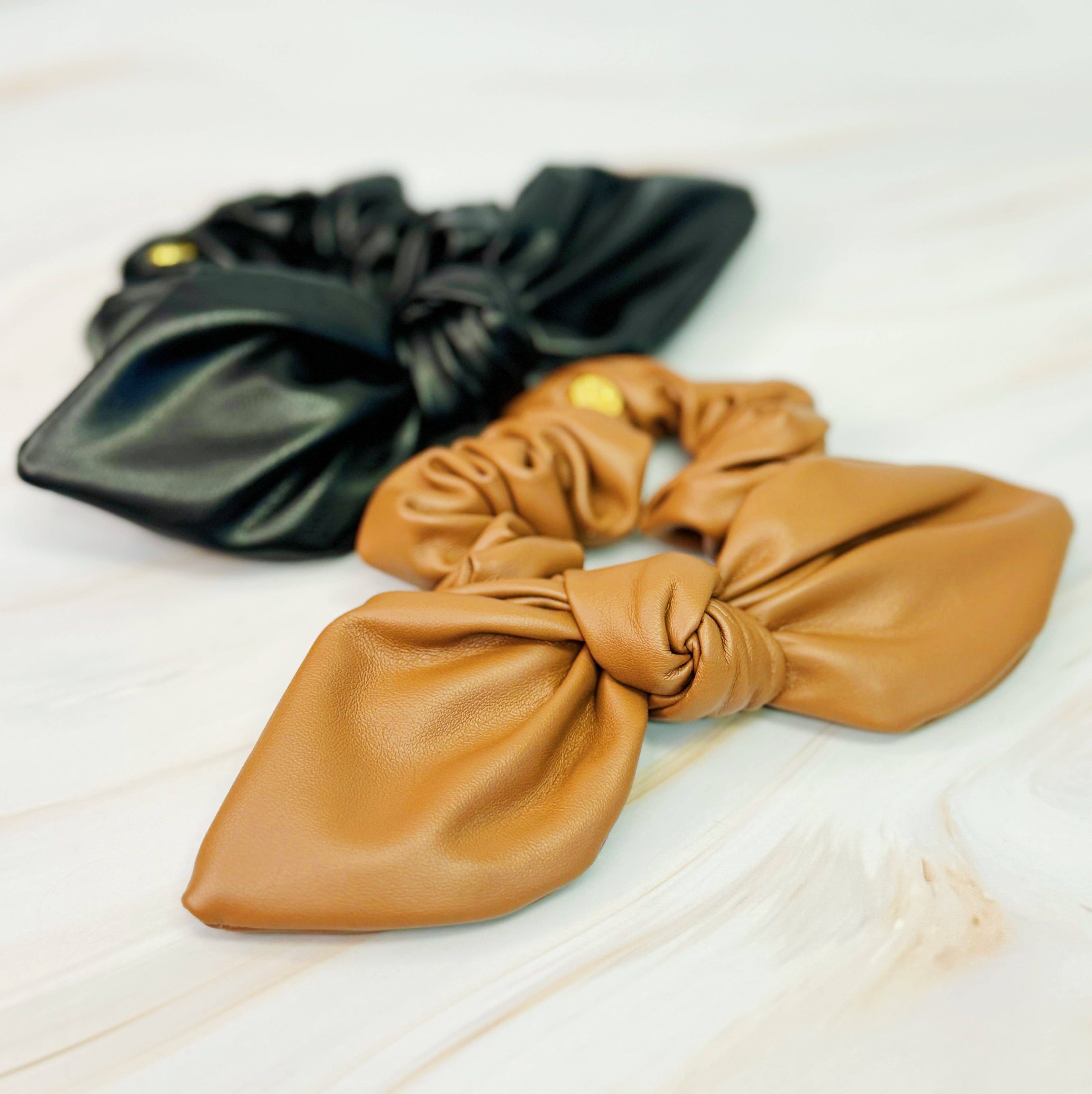 Faux Leather Tie Hair Scrunchie - Black, Brown or Ivory
