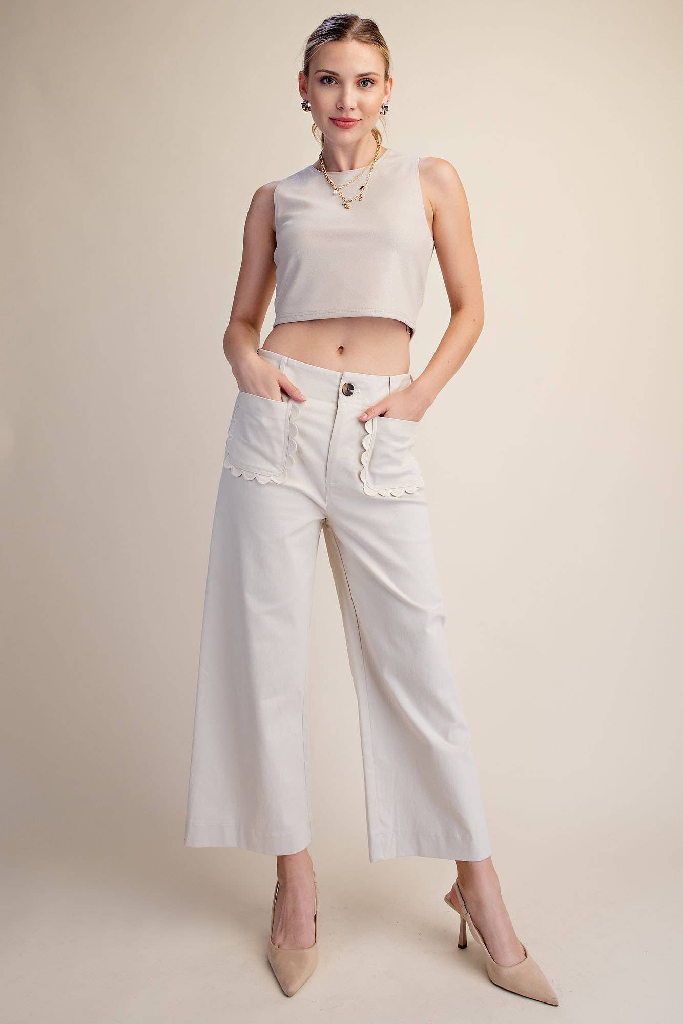 Colette Cropped Scallop Pocket Detail Wide-Leg Pants