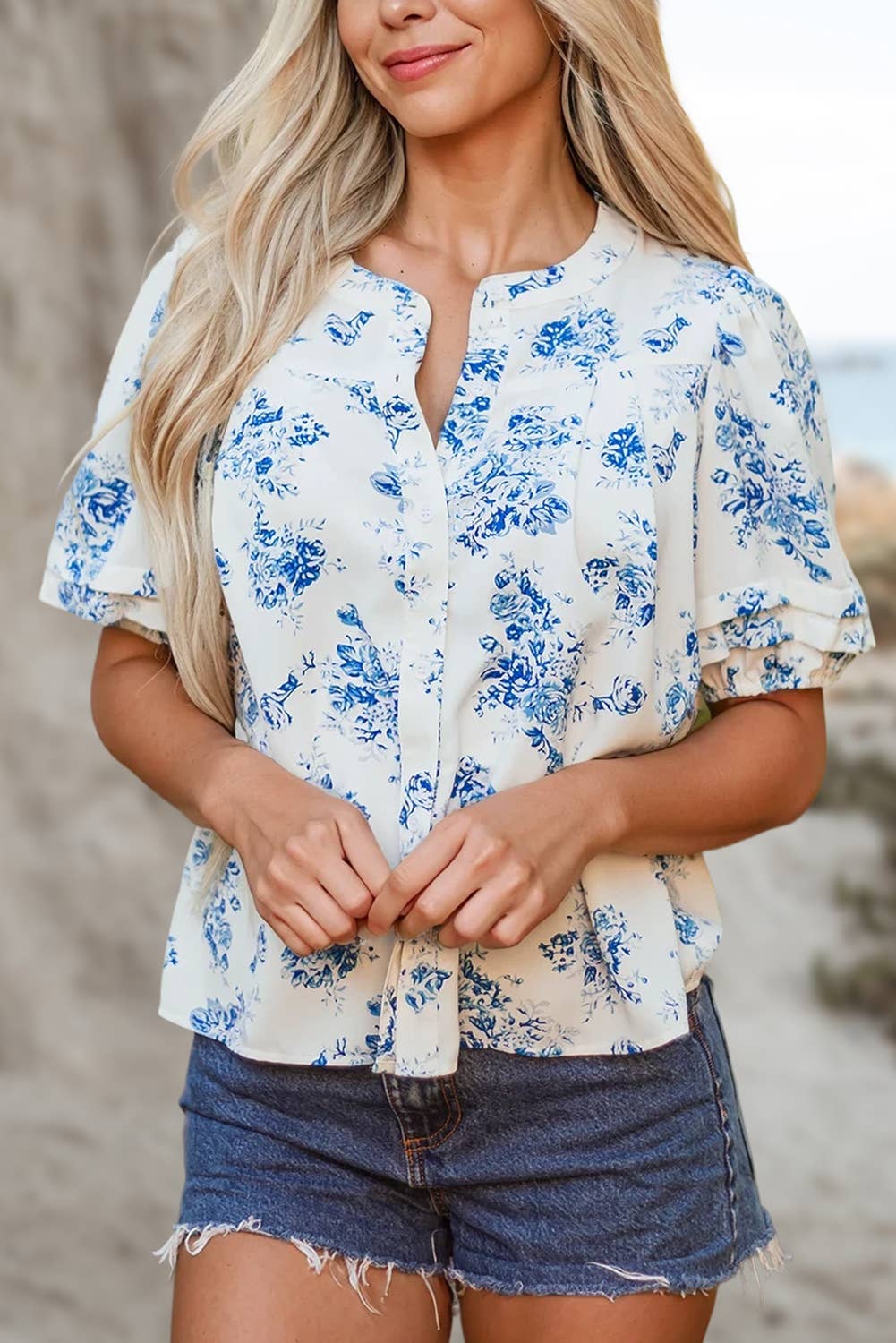 Floral Pleated Puff Sleeve Button Up Shirt | S-XL