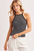 Ribbed Knit Stripe Halter Tank Top
