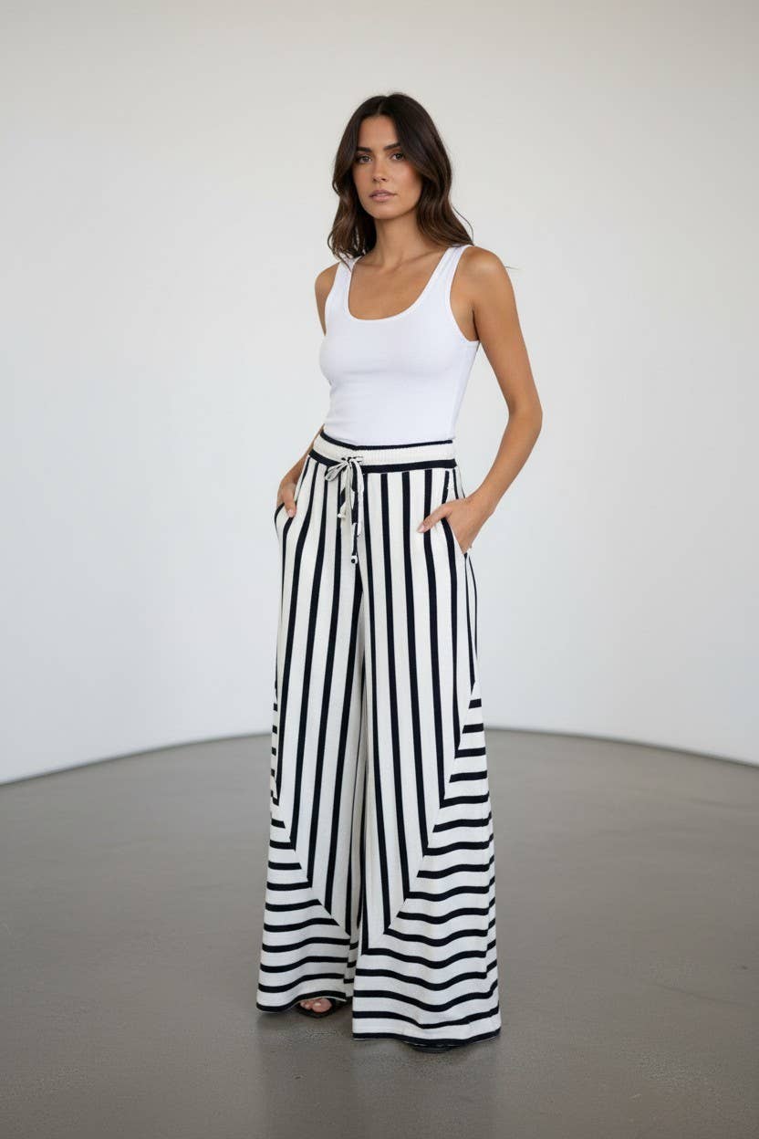 Mixed-stripe Terry Wide-leg Pants