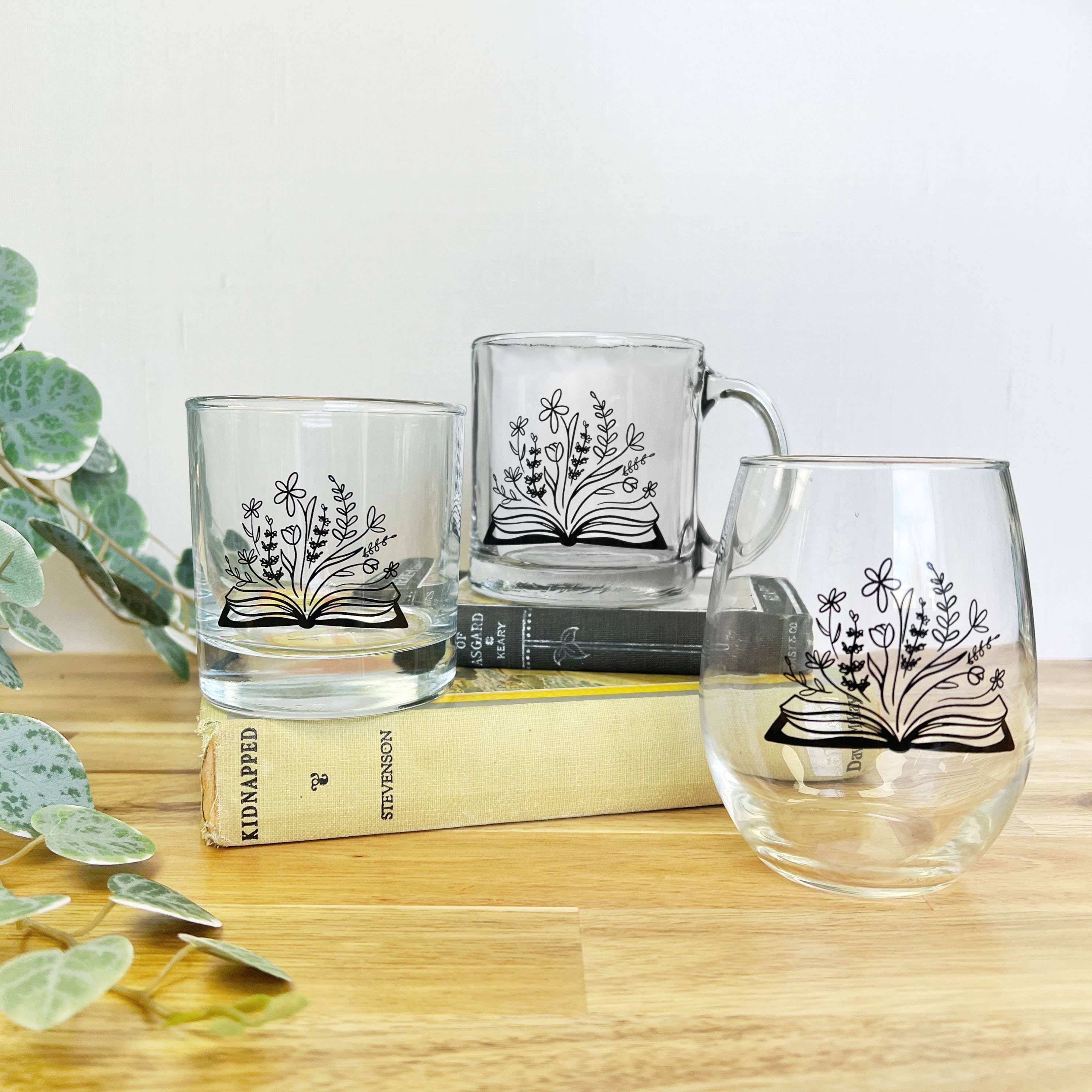 15oz Stemless Wine Glass Botanical Library Literary Design