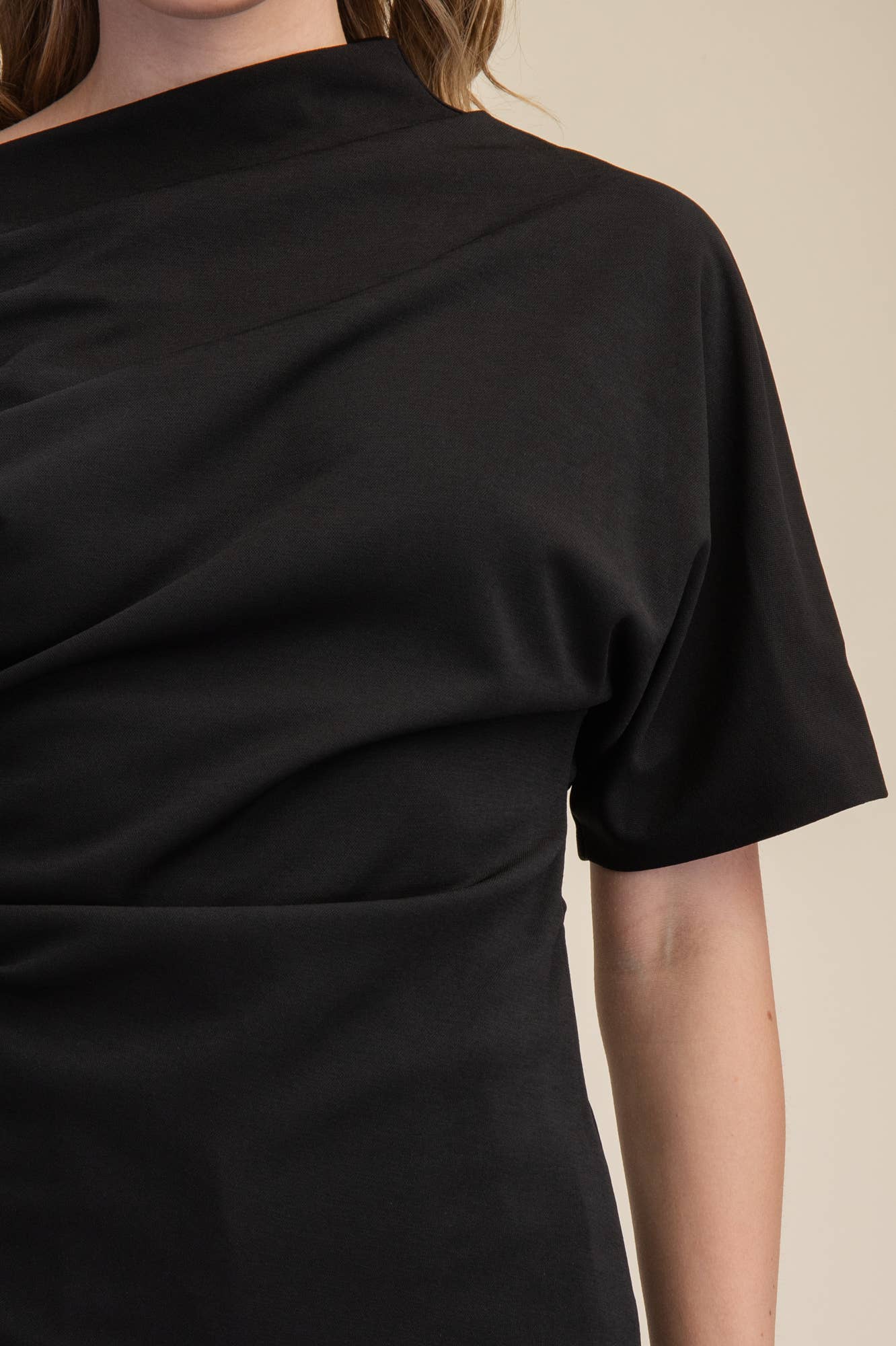 Asymmetric Draped Neck Gathered Blouse - Black or Taupe