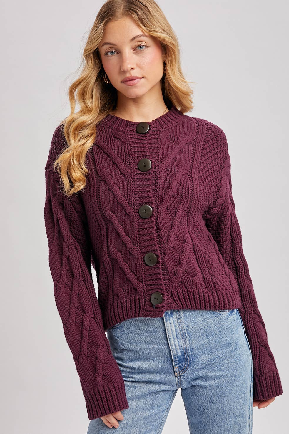 Cropped Button Front Cable Knit Cardigan
