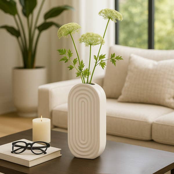 Ceramic Oval Ridged Decorative Vase - White, 11 in.