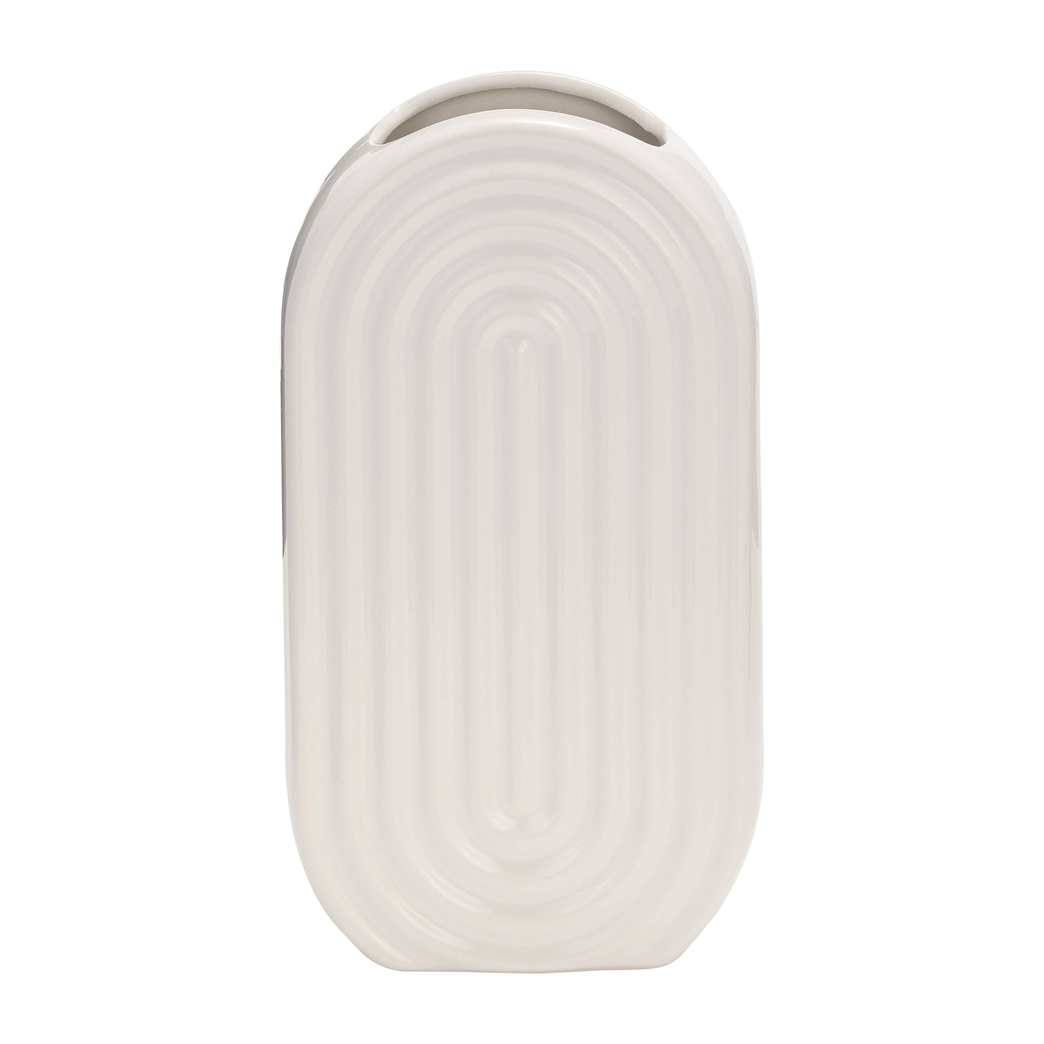 Ceramic Oval Ridged Decorative Vase - White, 11 in.