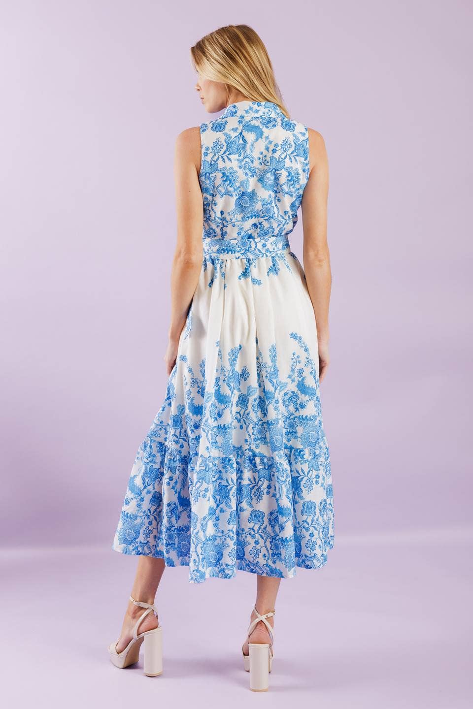 Blue and White Floral Belted Midi Dress