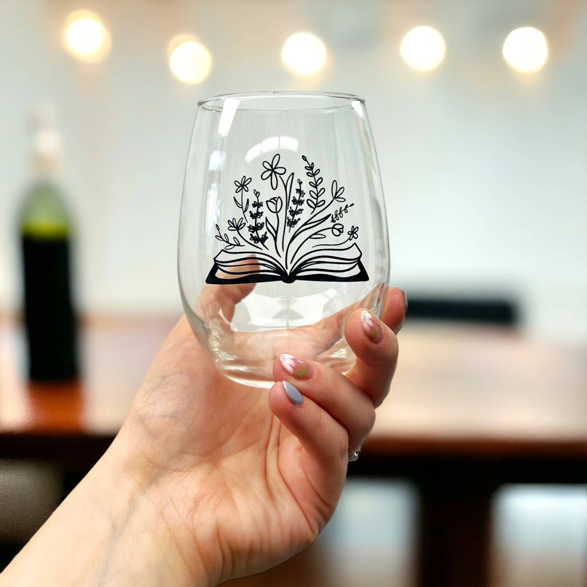 15oz Stemless Wine Glass Botanical Library Literary Design