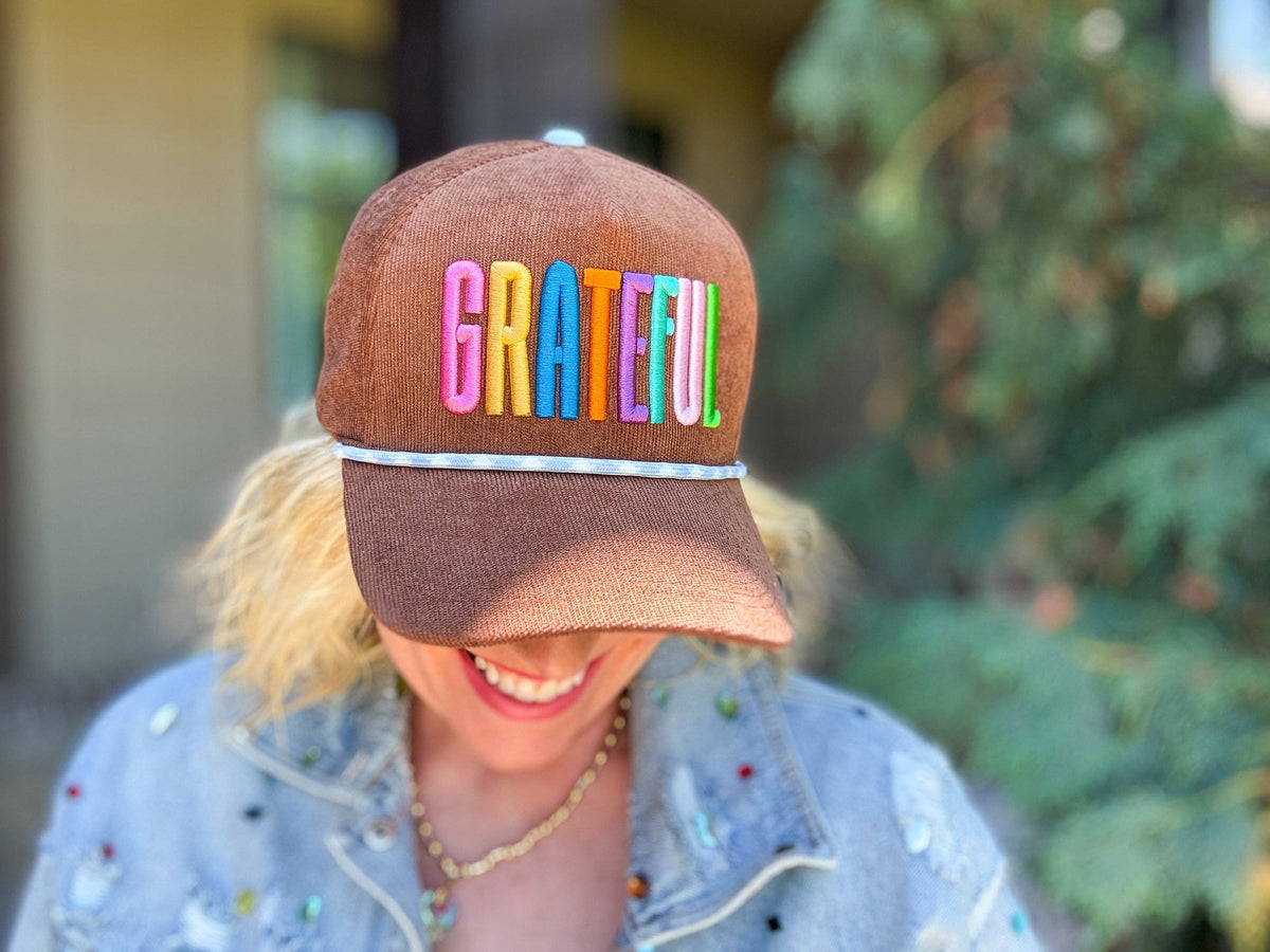 Embroidered Baseball Cap - "Grateful" - Chocolate Brown