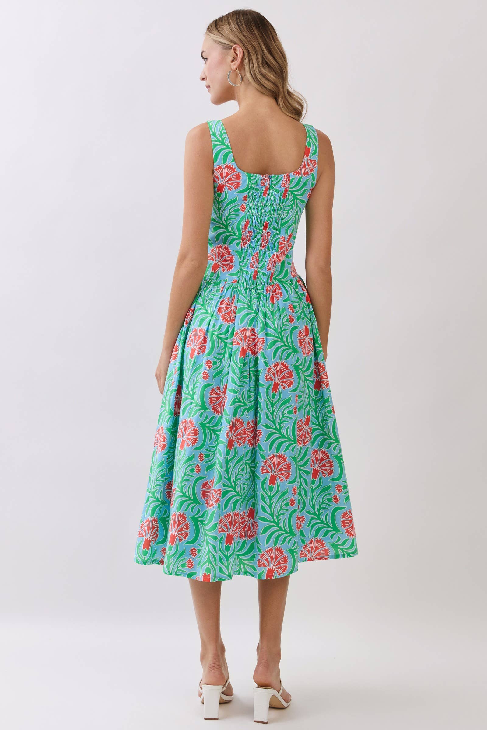 Tropical Floral Print Smocked Back Midi Dress