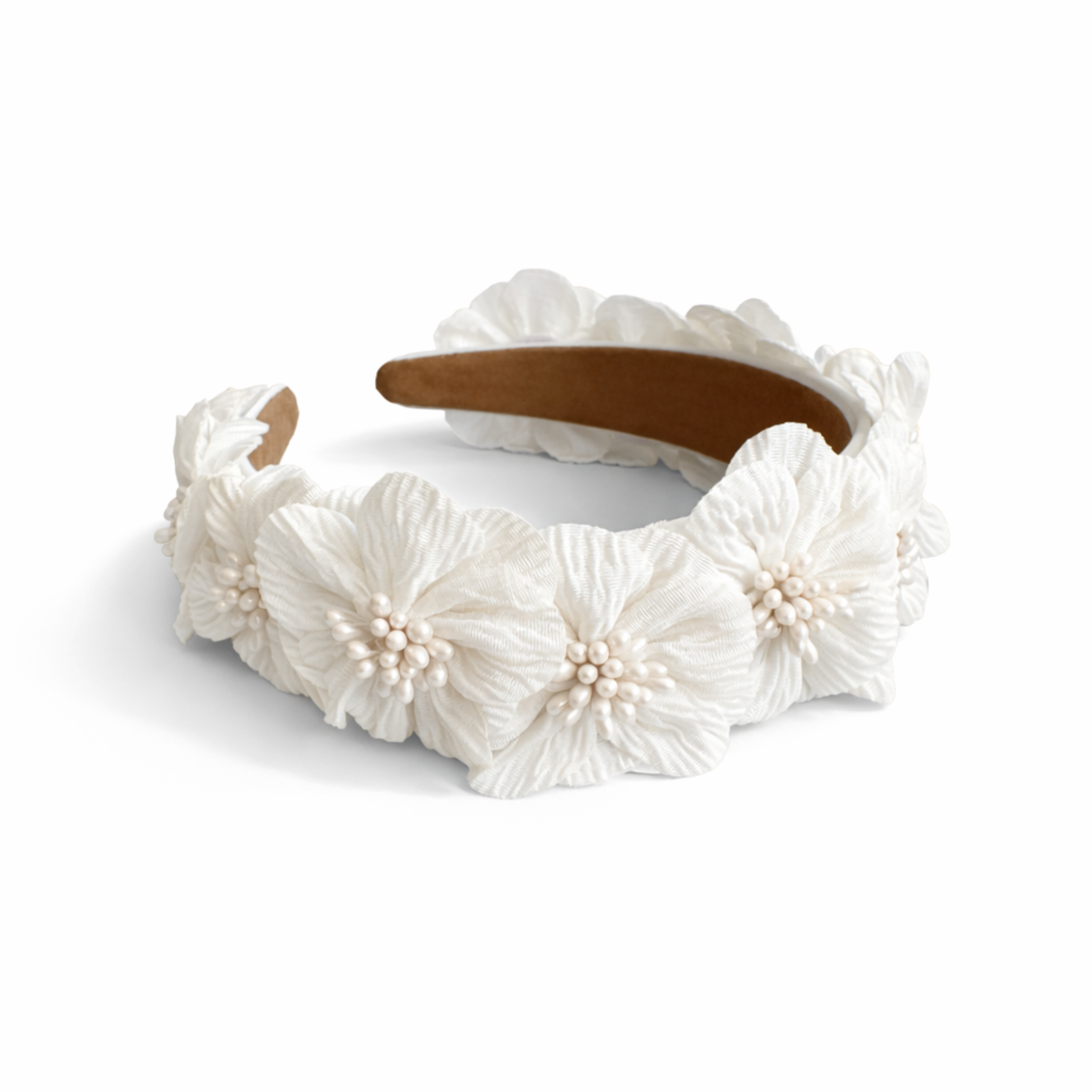 Romantic Floral Pearl Headband – White Petal Design