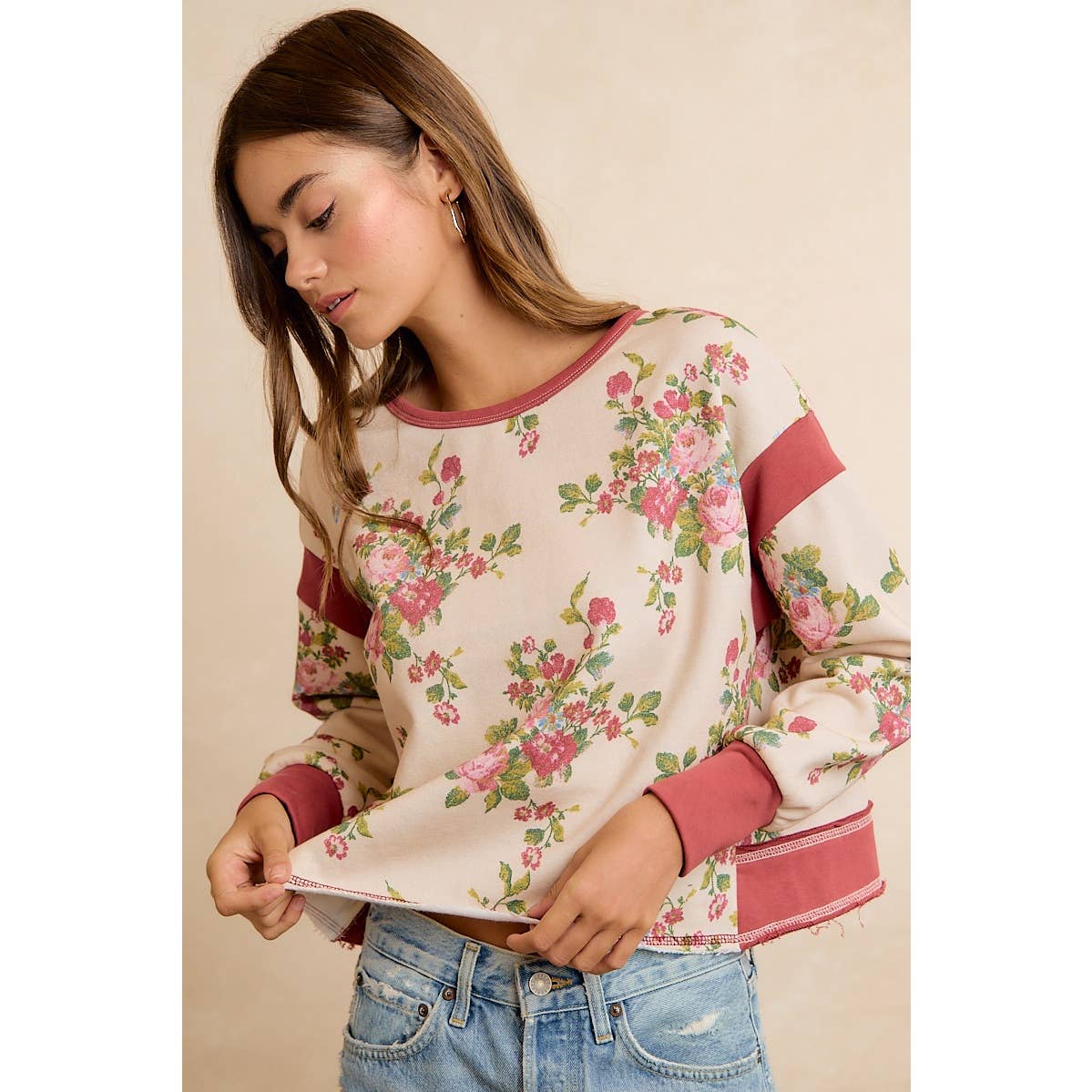 Floral Brushed Terry Open Back Long Sleeve Top